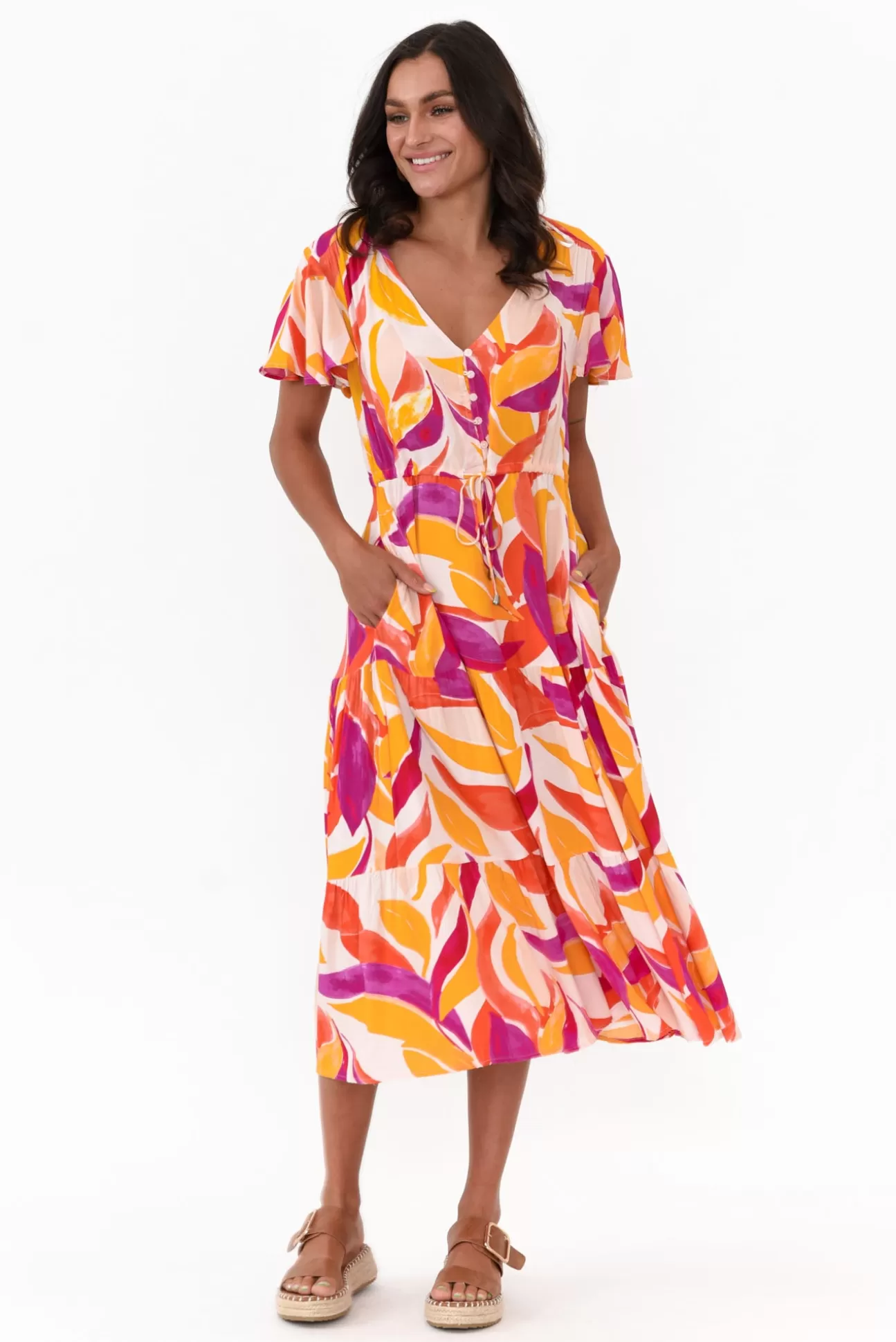 Label of Love Dahlia Orange Abstract V Neck Dress Fashion