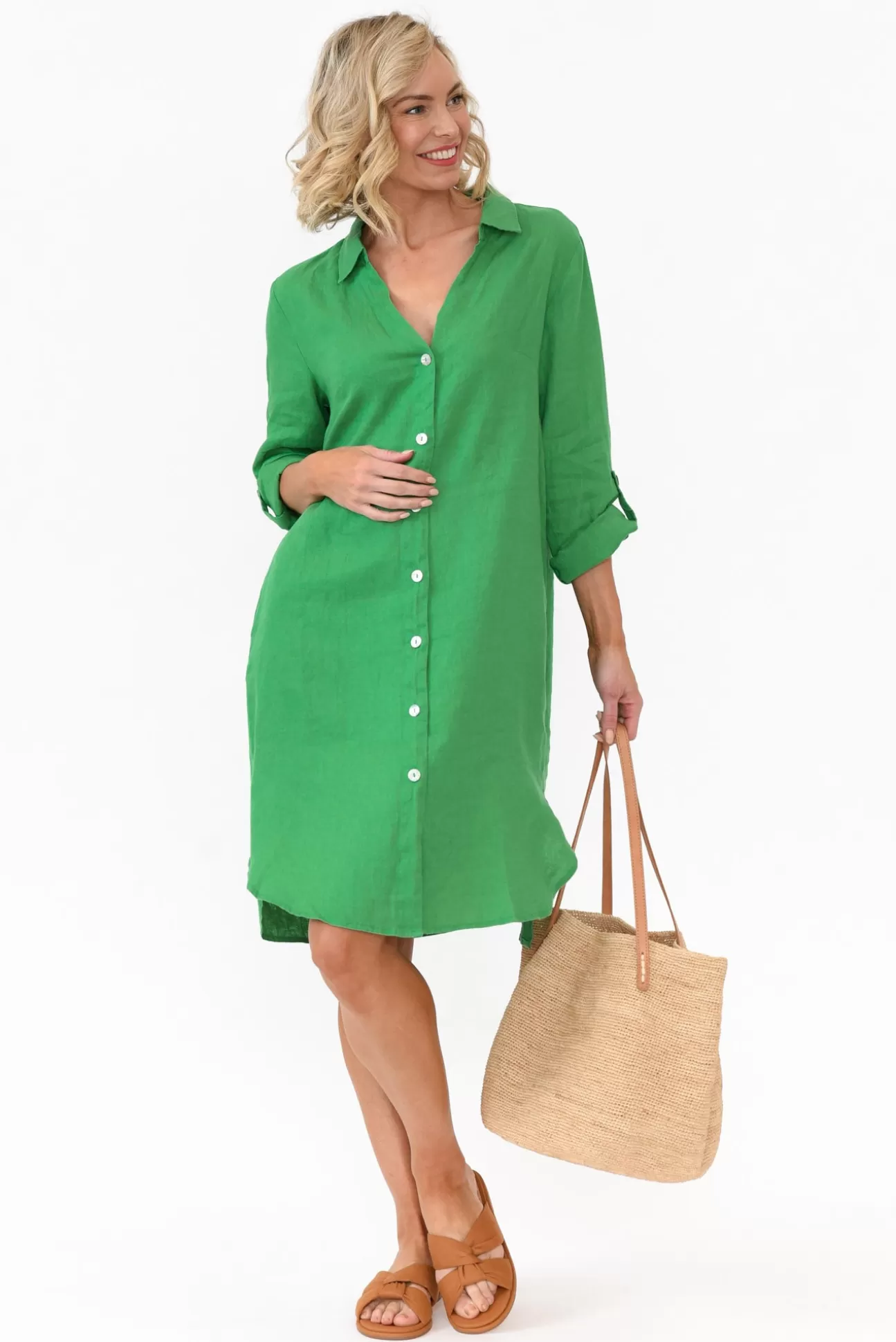 Gordon Smith Dakota Green Linen Shirt Dress Hot