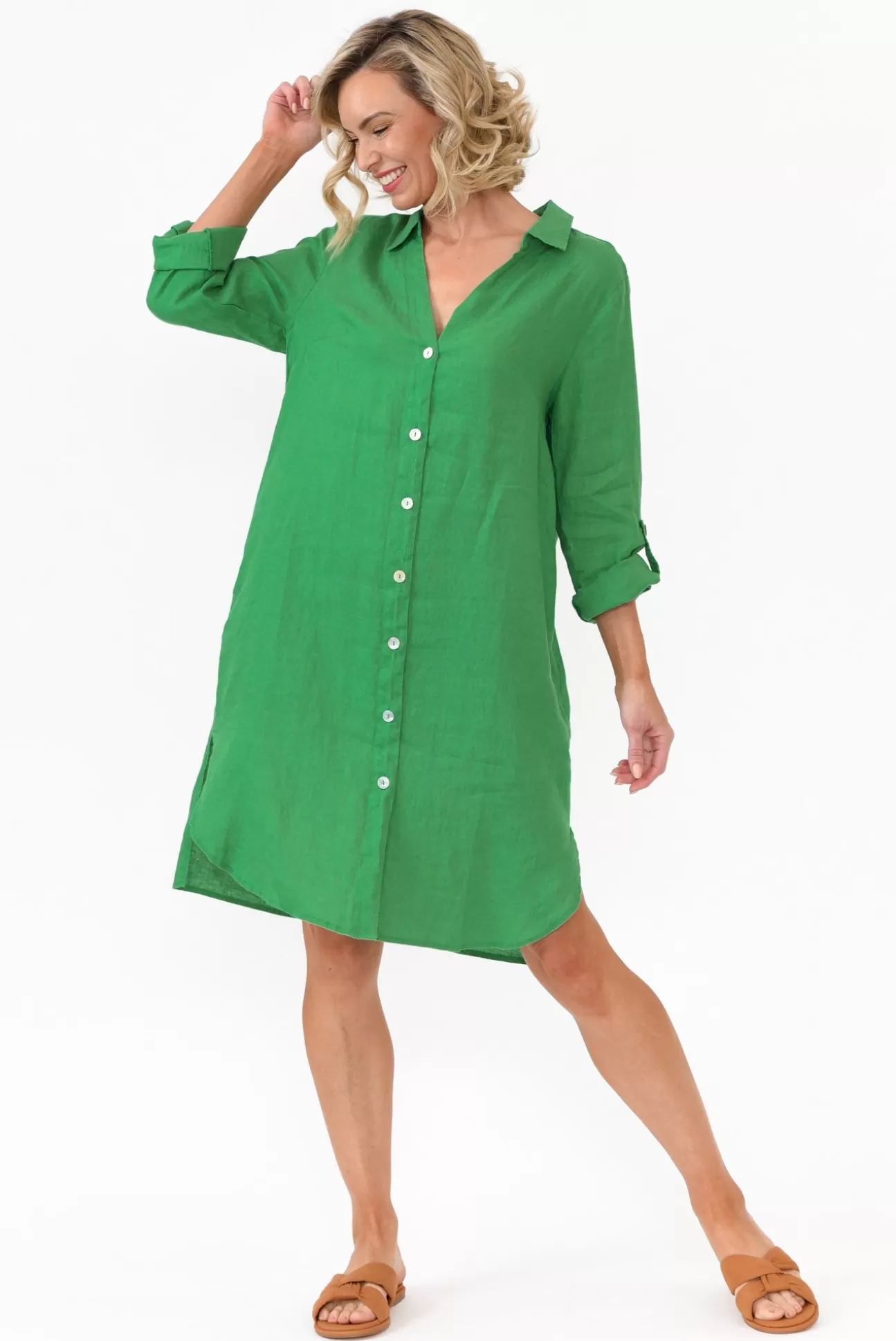 Gordon Smith Dakota Green Linen Shirt Dress Hot