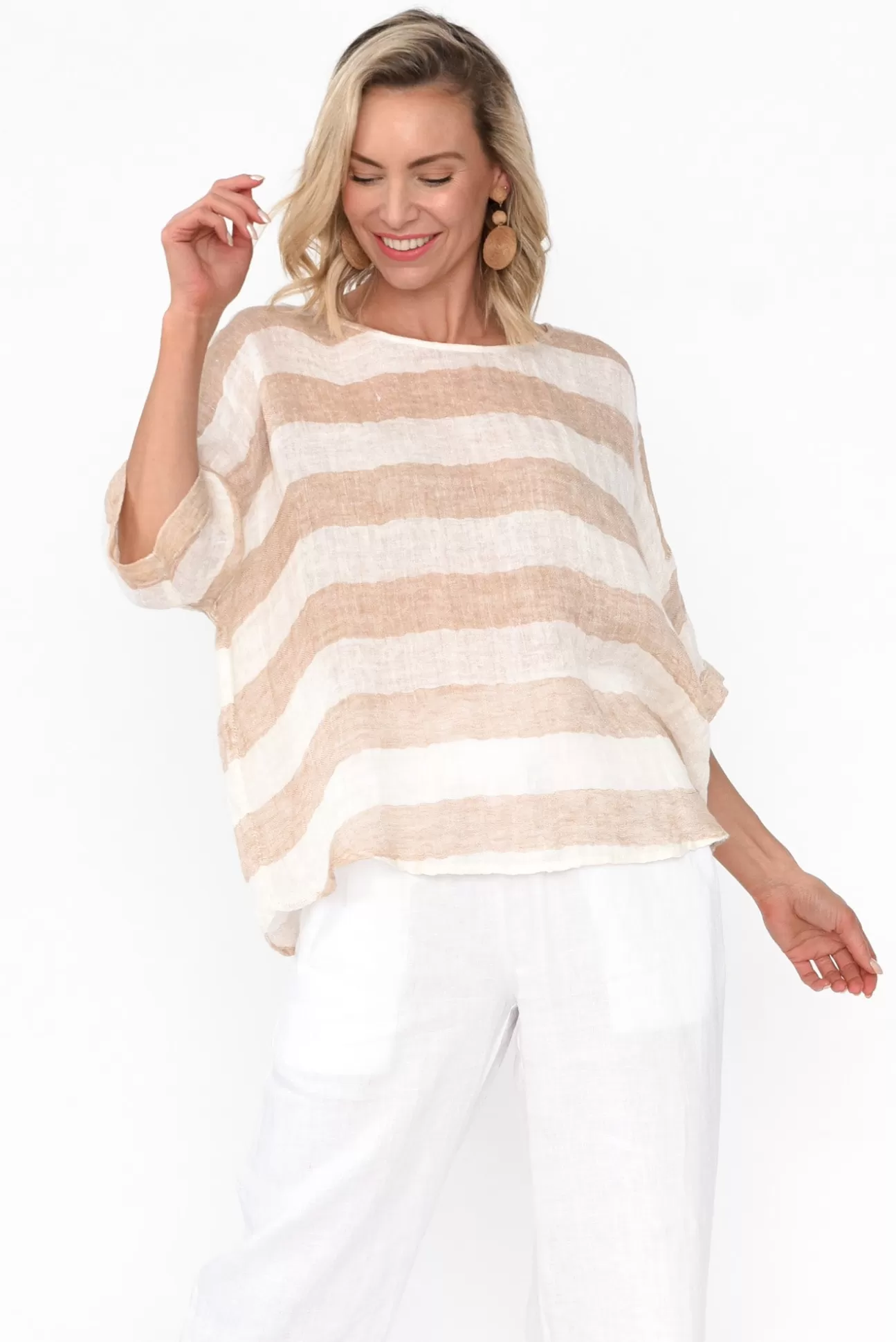 Imagine Damian Beige Stripe Linen Top Best