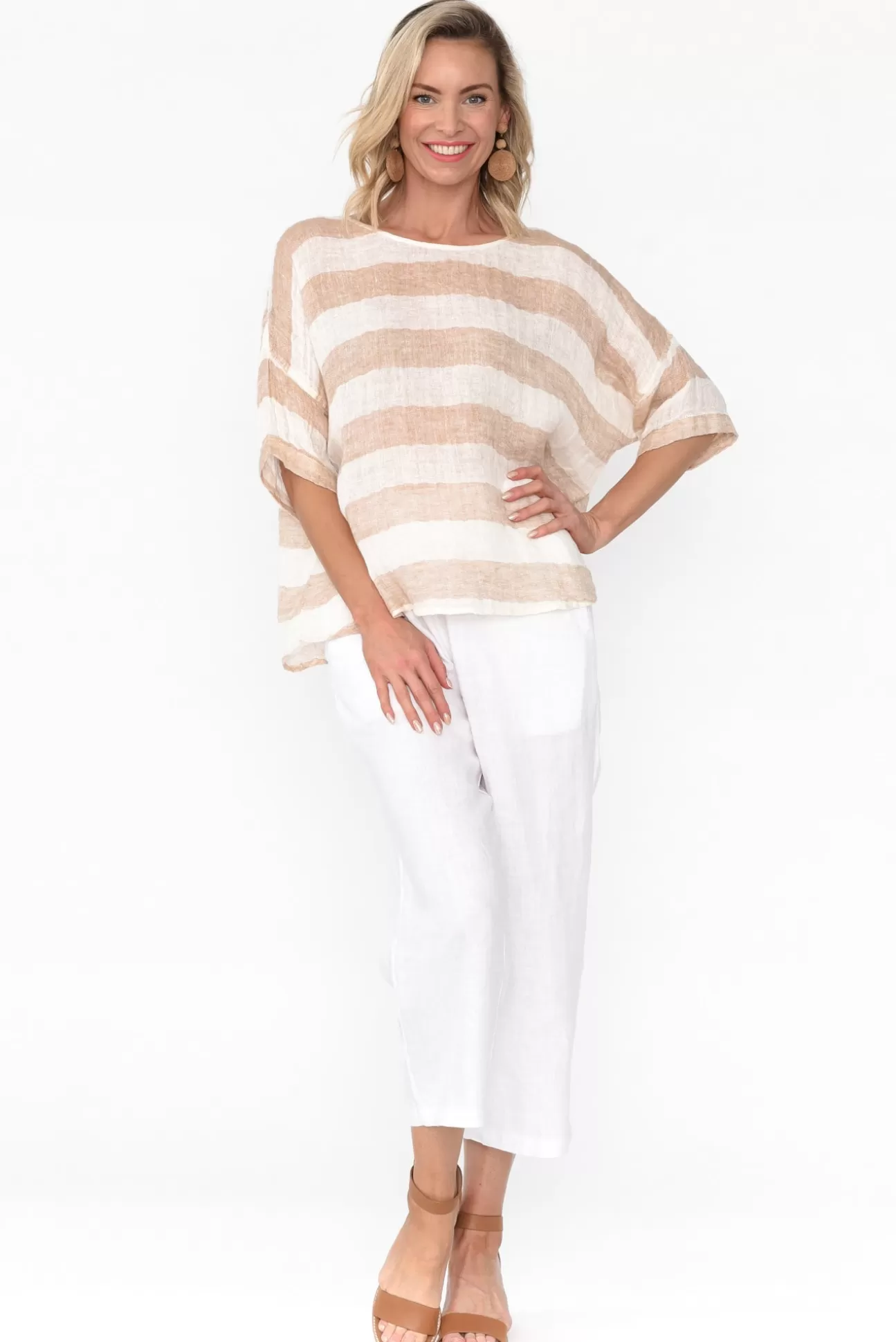 Imagine Damian Beige Stripe Linen Top Best