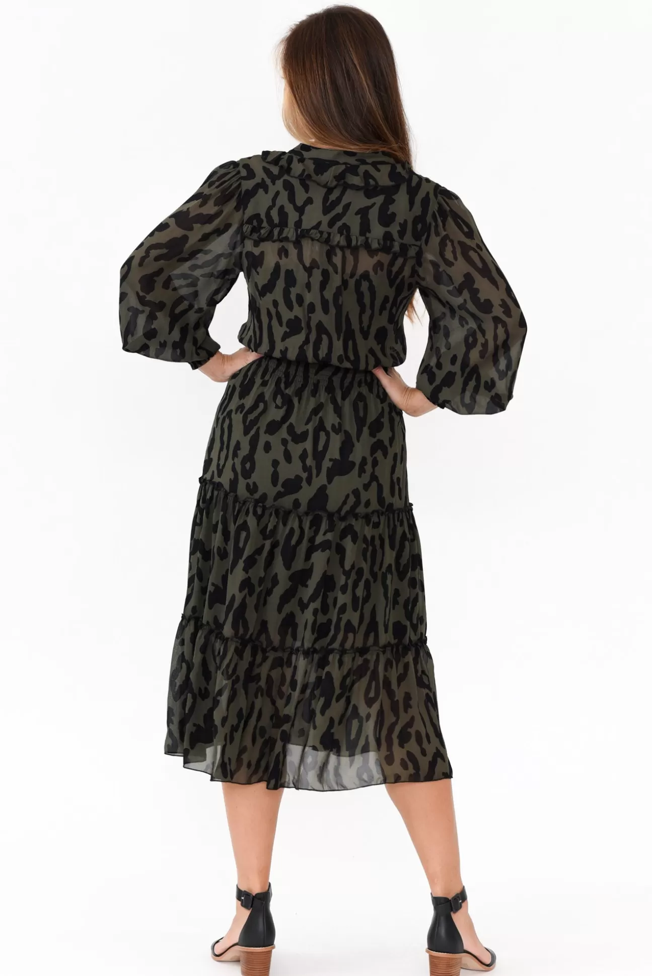 Fate Becker Darby Khaki Animal Tier Midi Dress New