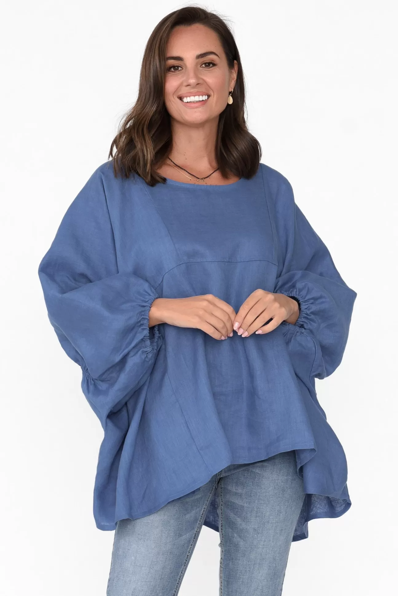 Tirelli Darla Blue Gathered Sleeve Linen Top Outlet