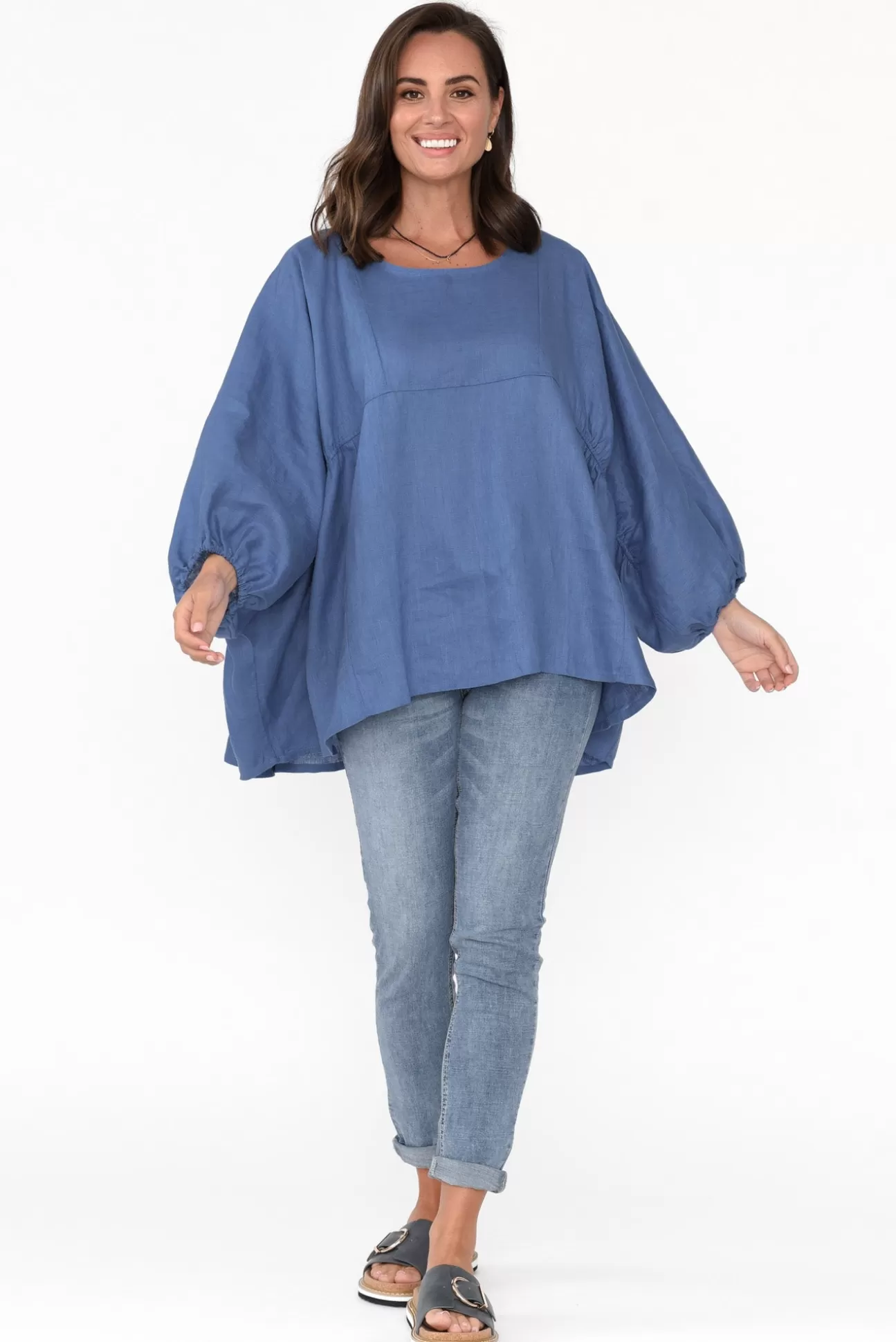 Tirelli Darla Blue Gathered Sleeve Linen Top Outlet