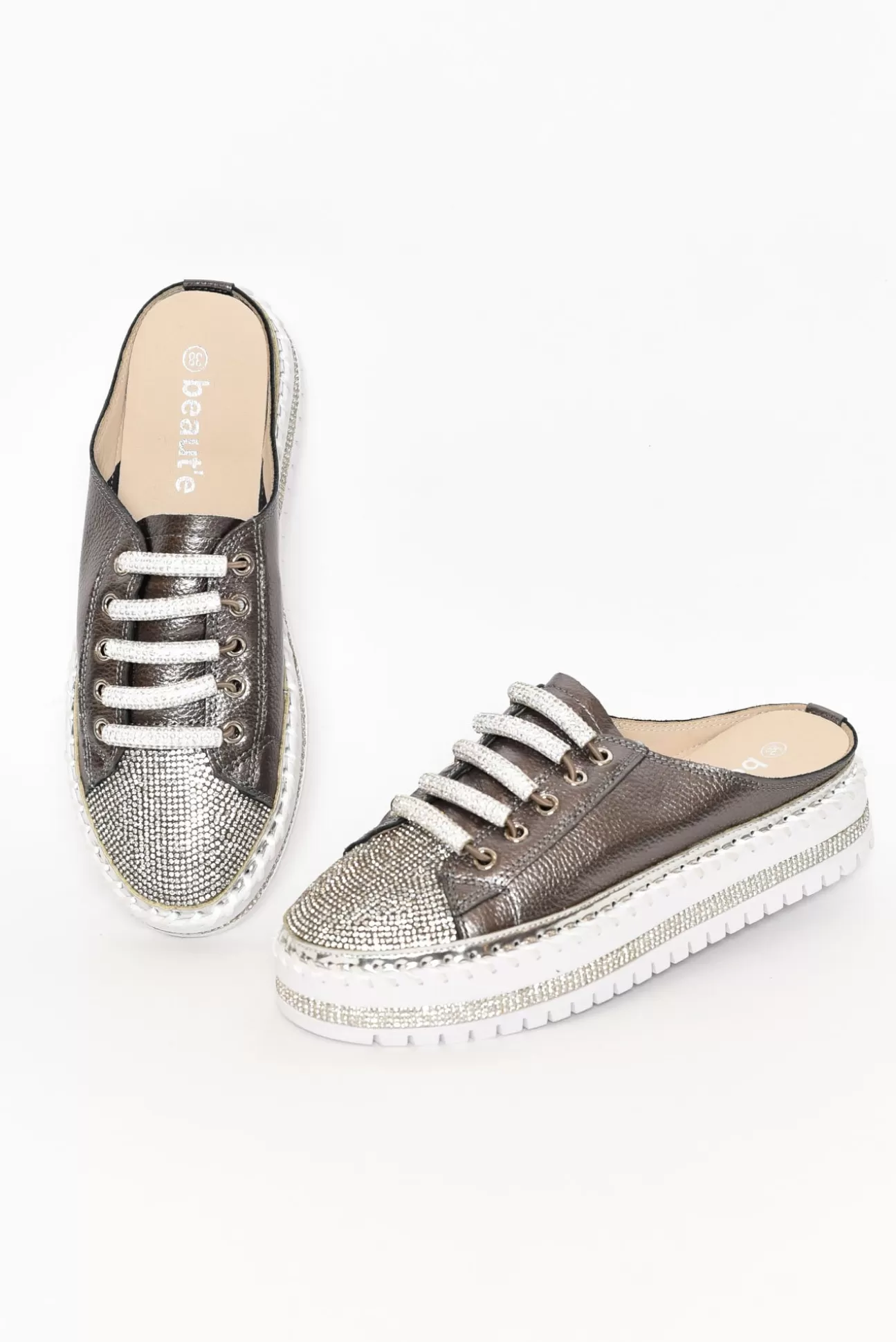 Beaute Fashion Dawson Charcoal Leather Diamante Mule Sneaker Best