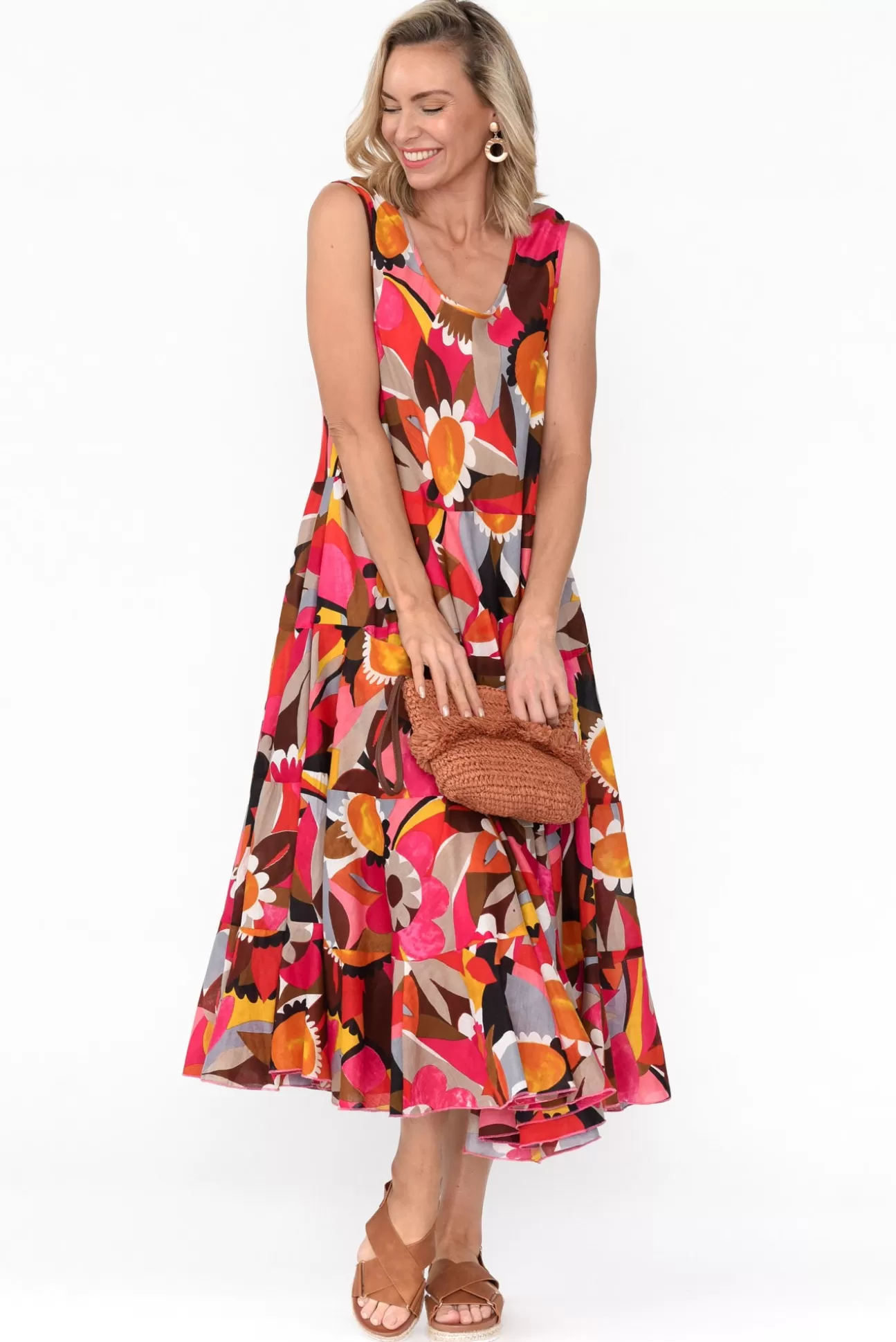 Mozaic Daydream Pink Abstract Cotton Midi Dress Hot