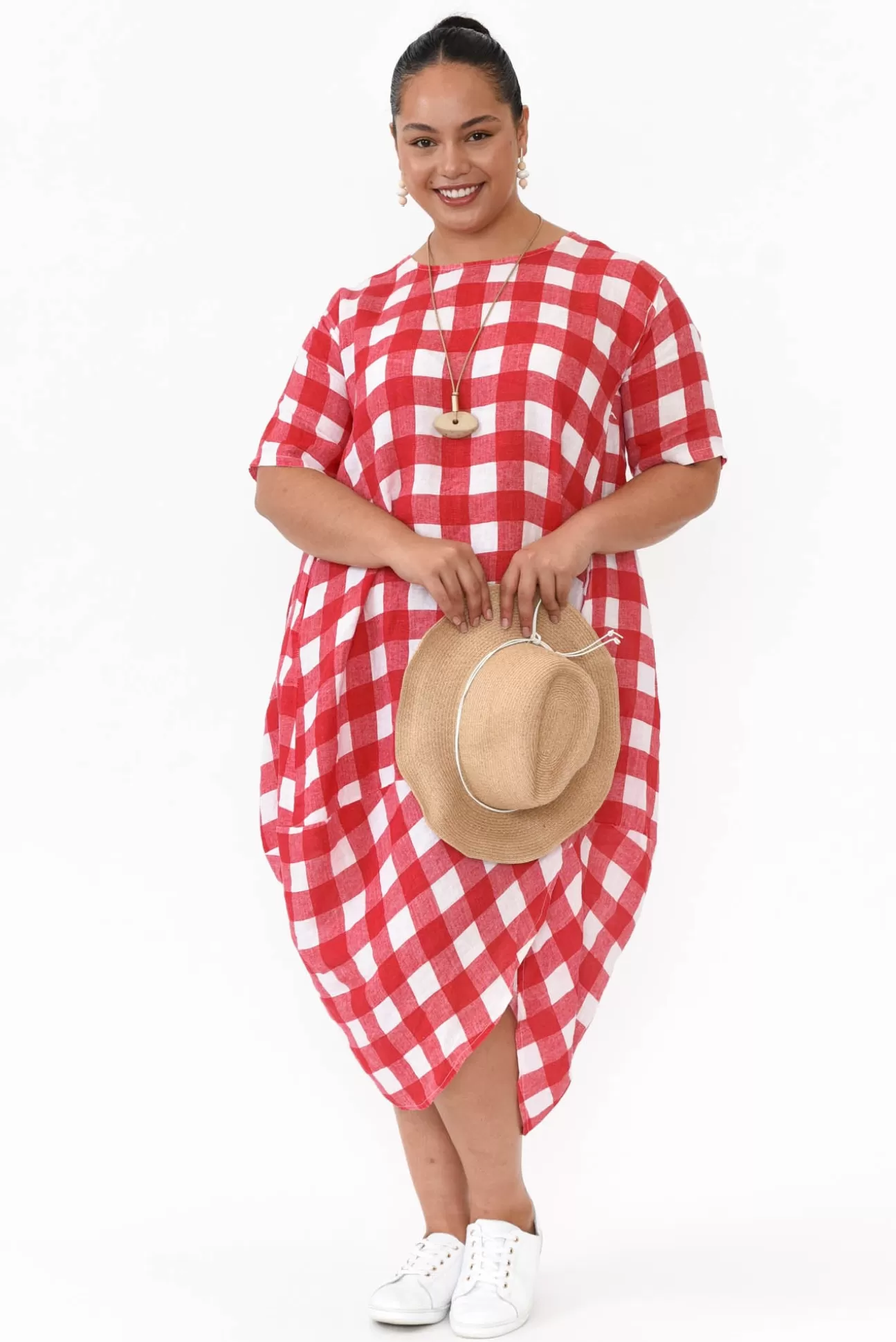 Donna Donna December Red Gingham Linen Pocket Dress Outlet