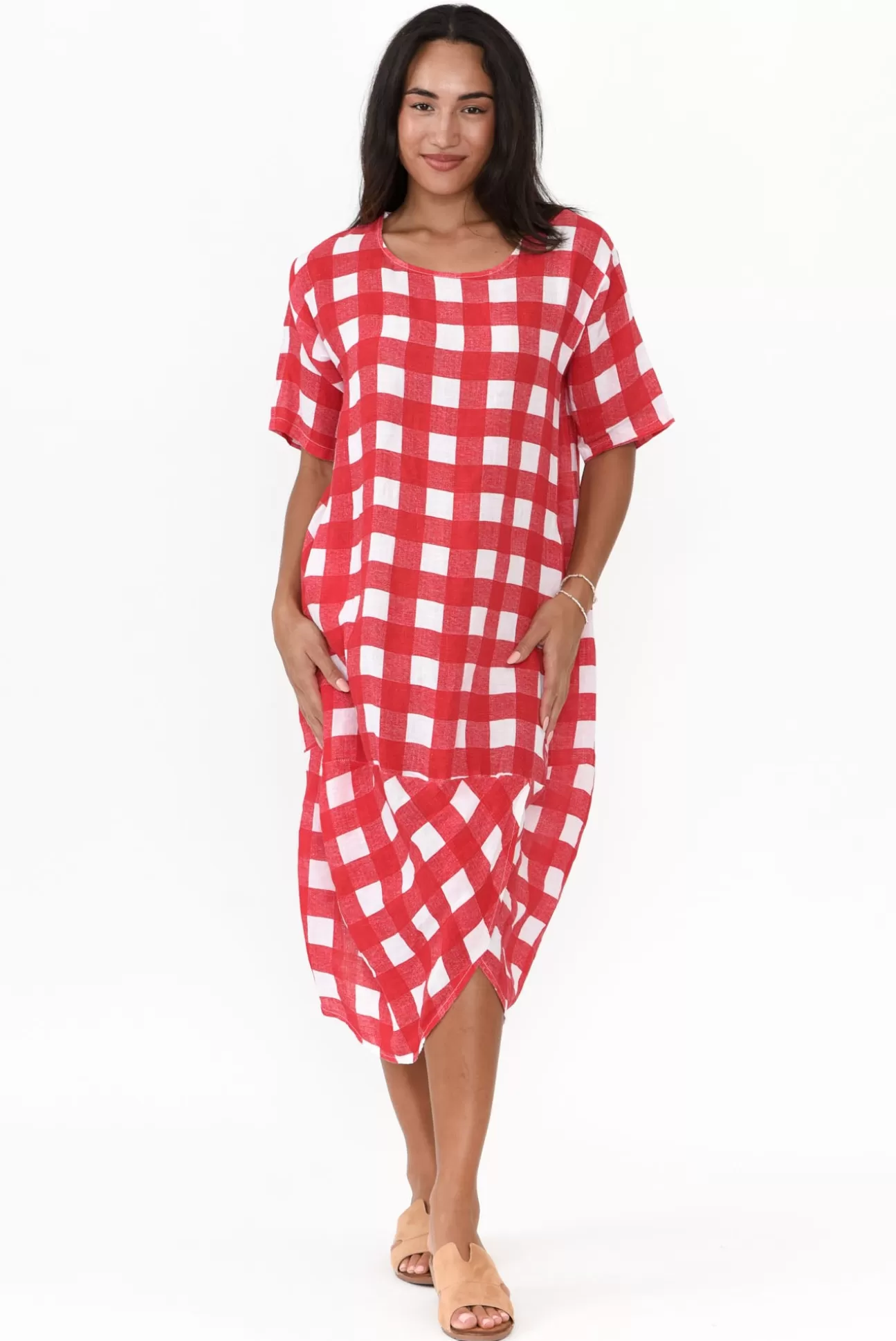 Donna Donna December Red Gingham Linen Pocket Dress Outlet