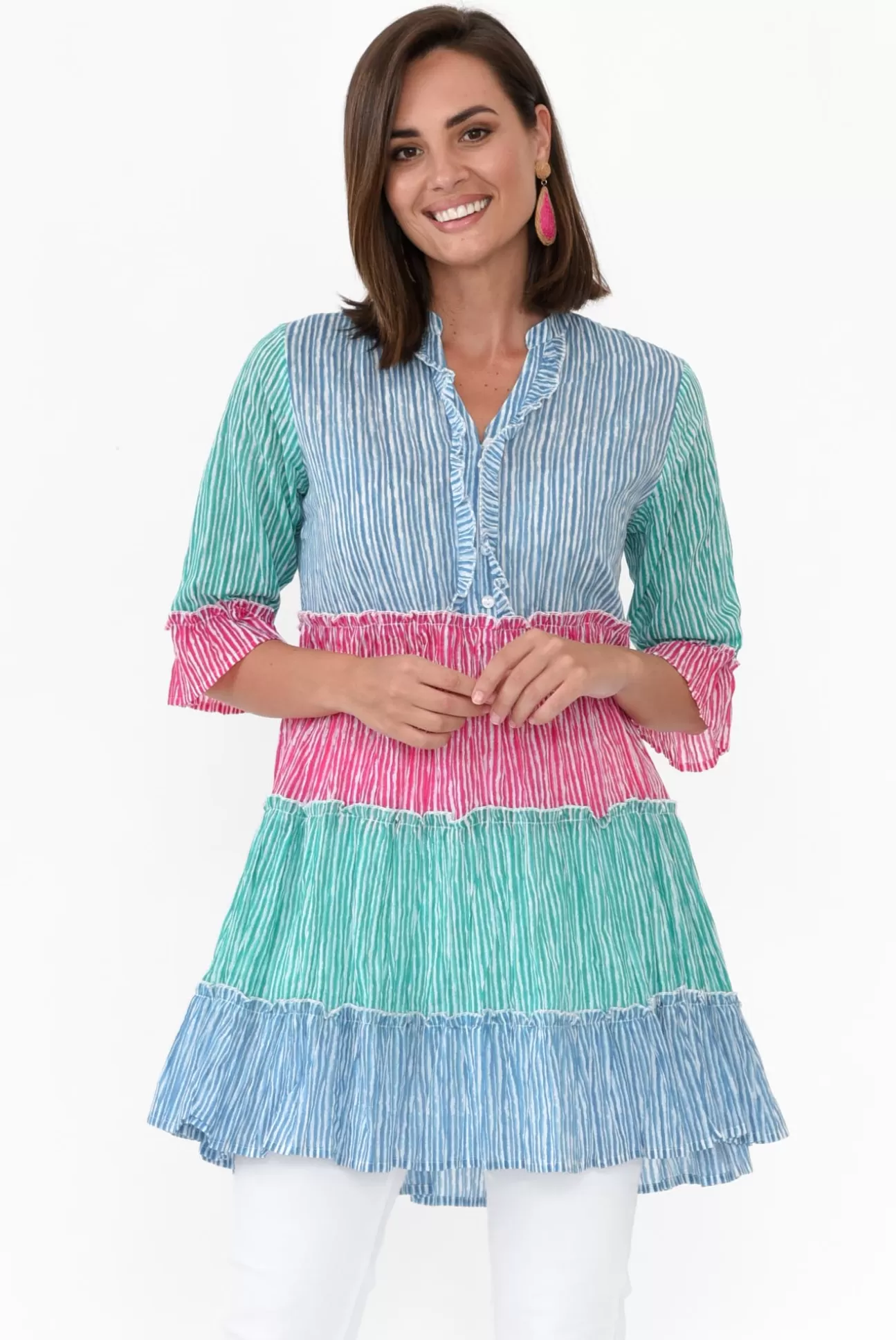 One Summer Deedee Multi Stripe Cotton Frill Tunic Store