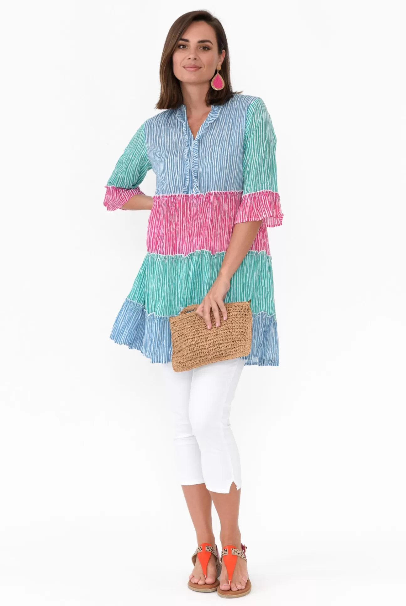 One Summer Deedee Multi Stripe Cotton Frill Tunic Store