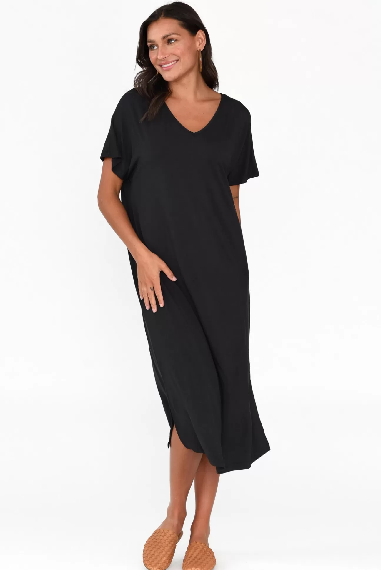 Pq Dennis Black Bamboo V Neck Dress Cheap