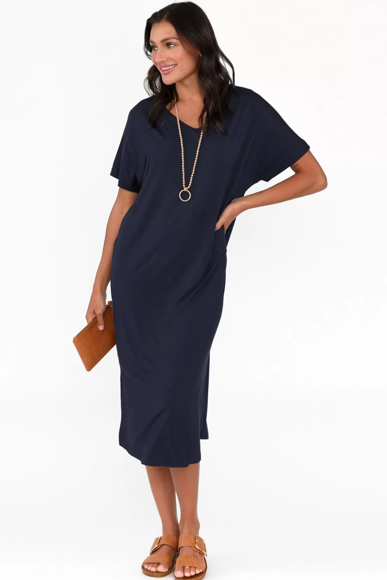 Pq Dennis Navy Bamboo V Neck Dress Cheap