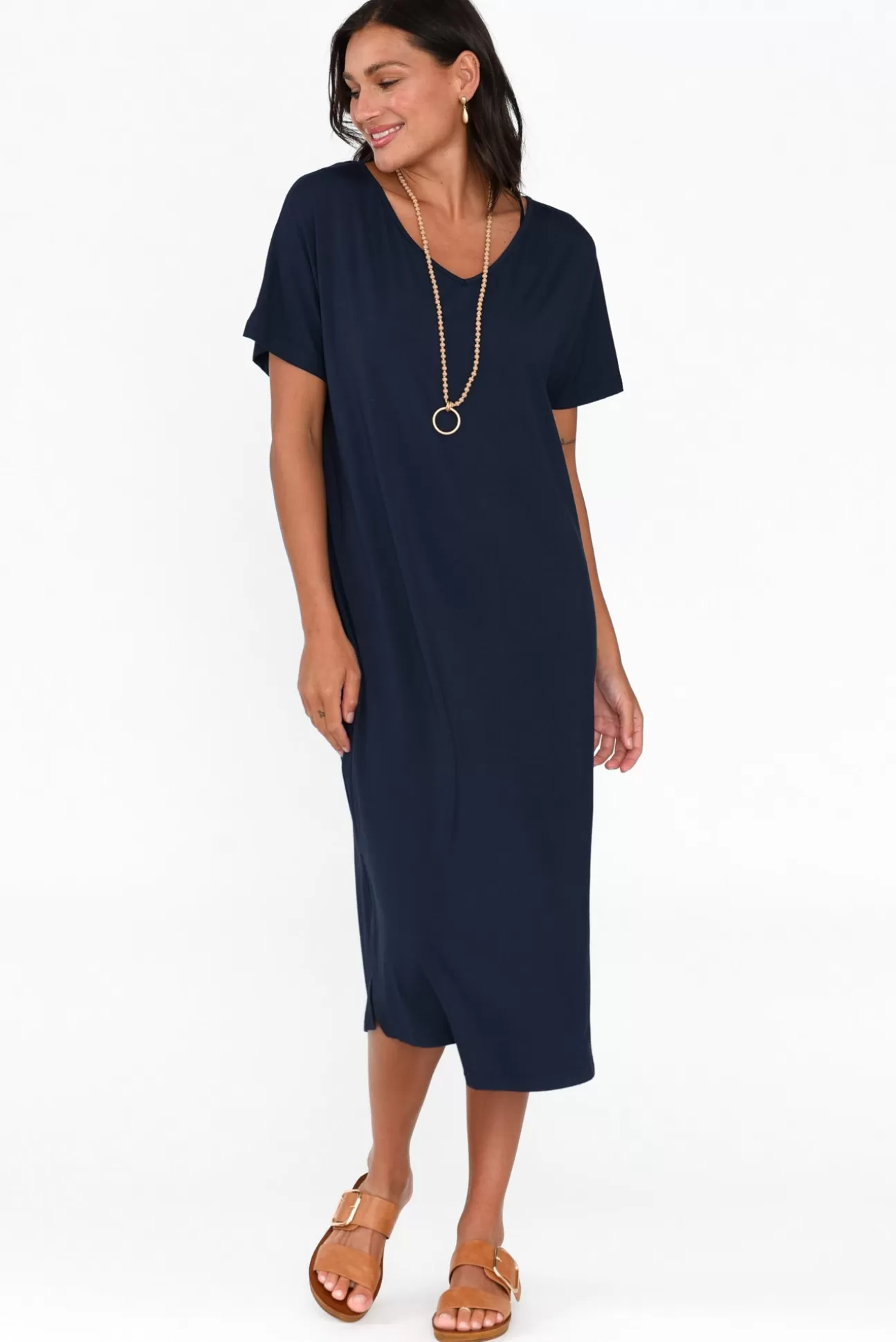 Pq Dennis Navy Bamboo V Neck Dress Cheap