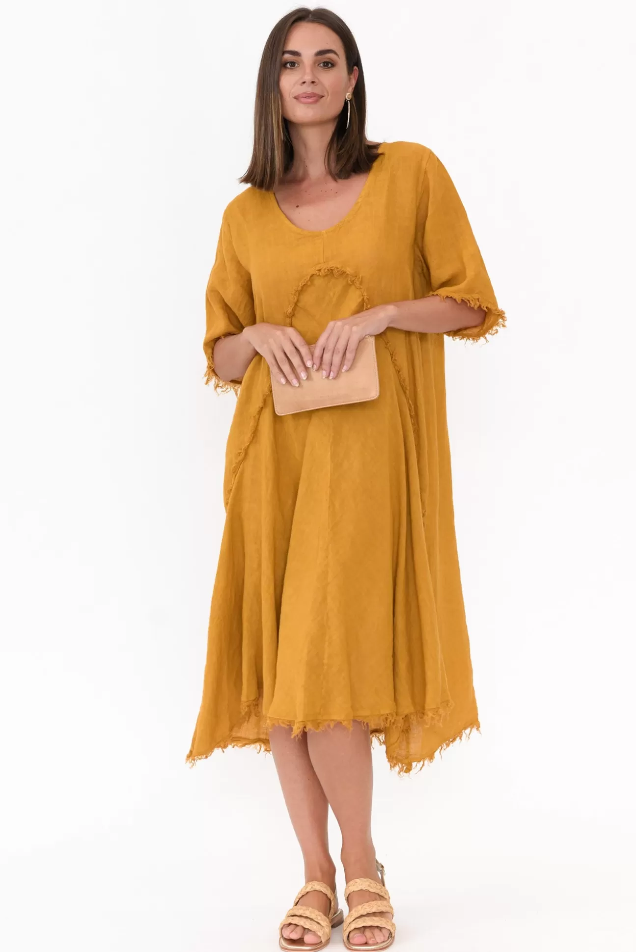 Donna Donna Desmond Mustard Linen Frayed Dress Best Sale