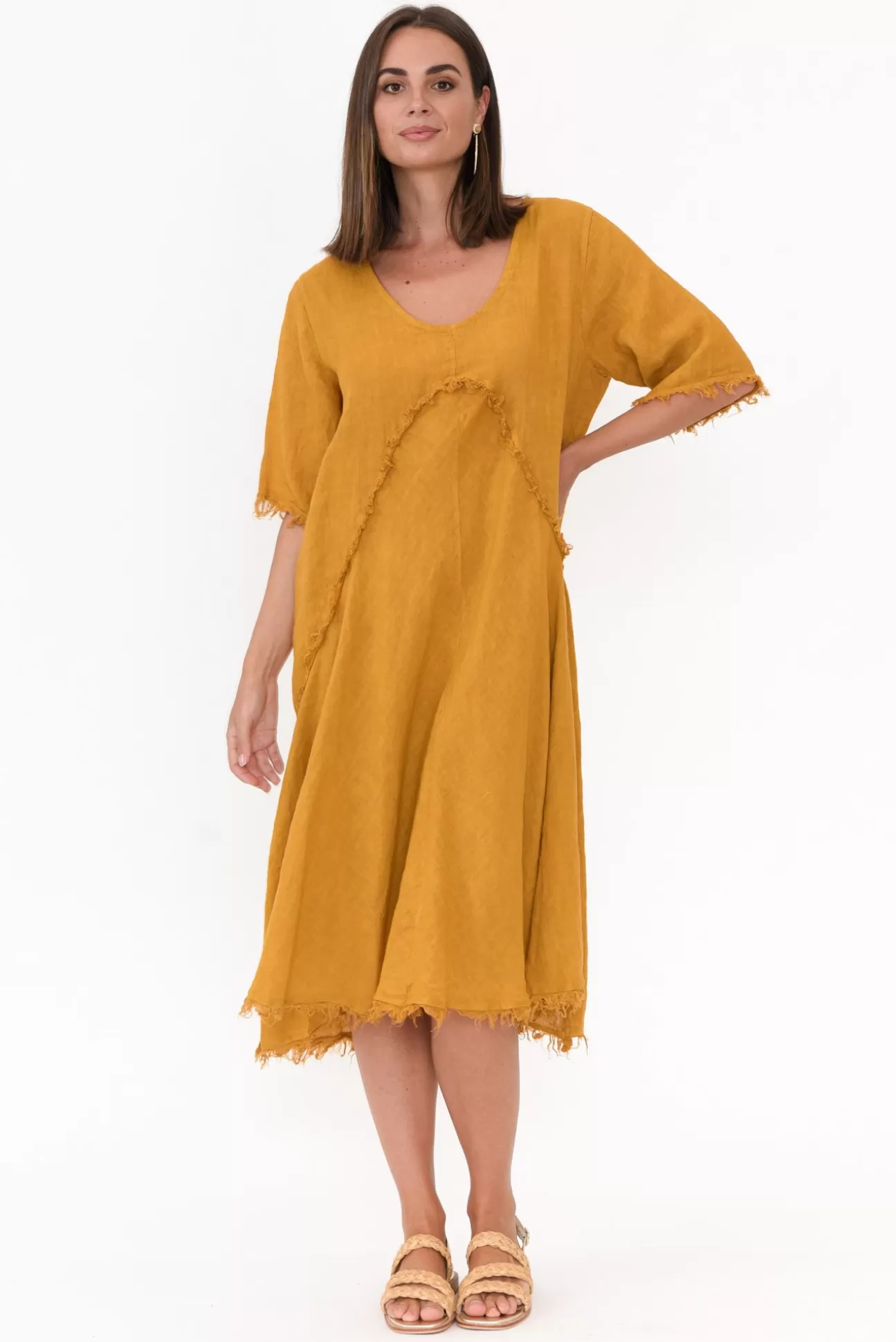 Donna Donna Desmond Mustard Linen Frayed Dress Best Sale