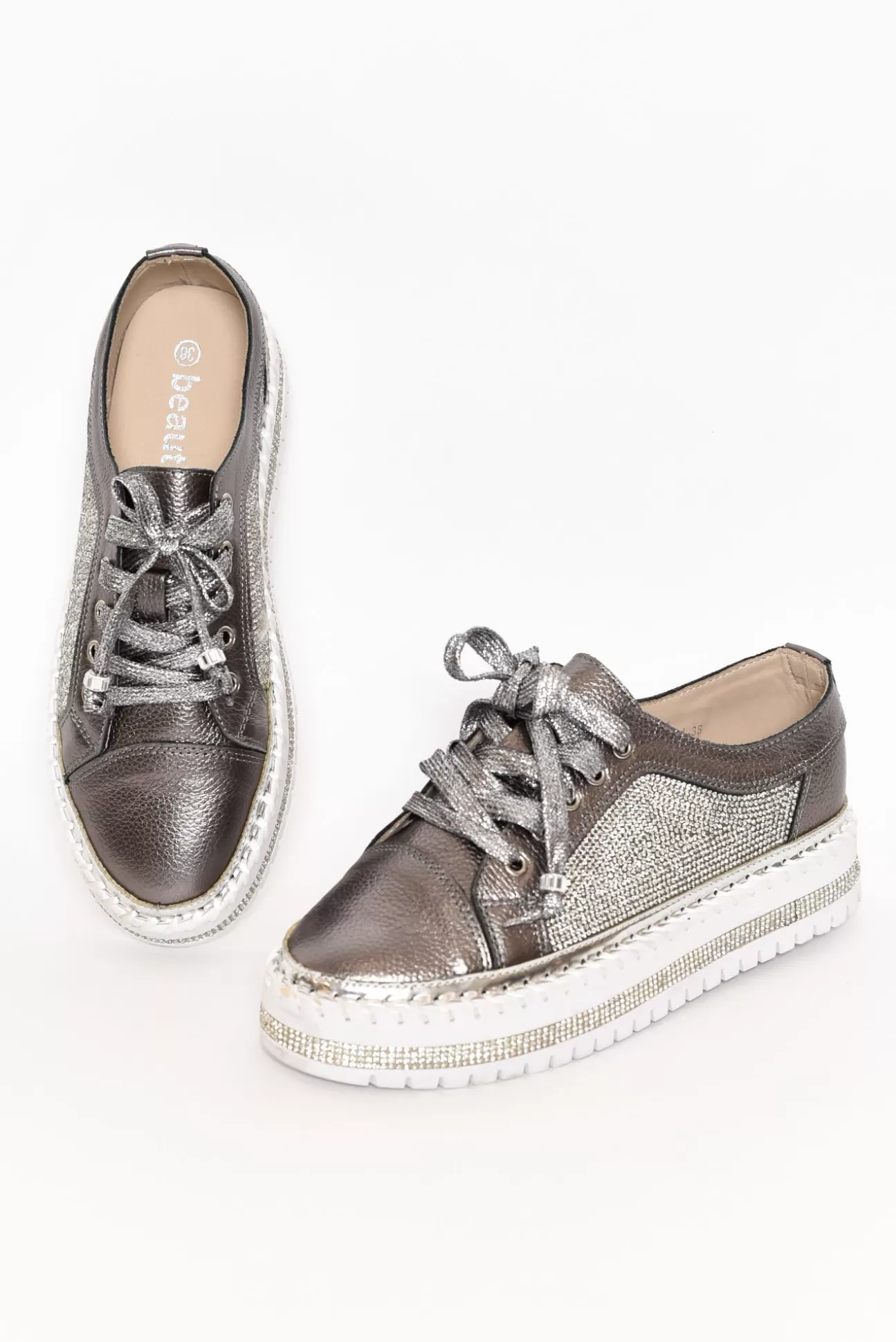 Beaute Fashion Devin Charcoal Leather Diamante Sneaker Clearance