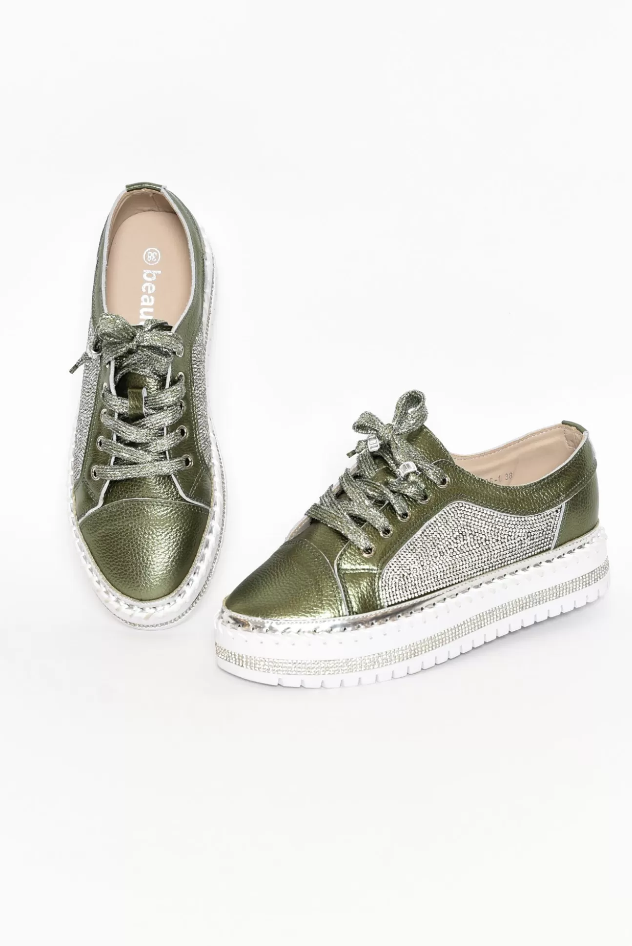 Beaute Fashion Devin Khaki Leather Diamante Sneaker Shop