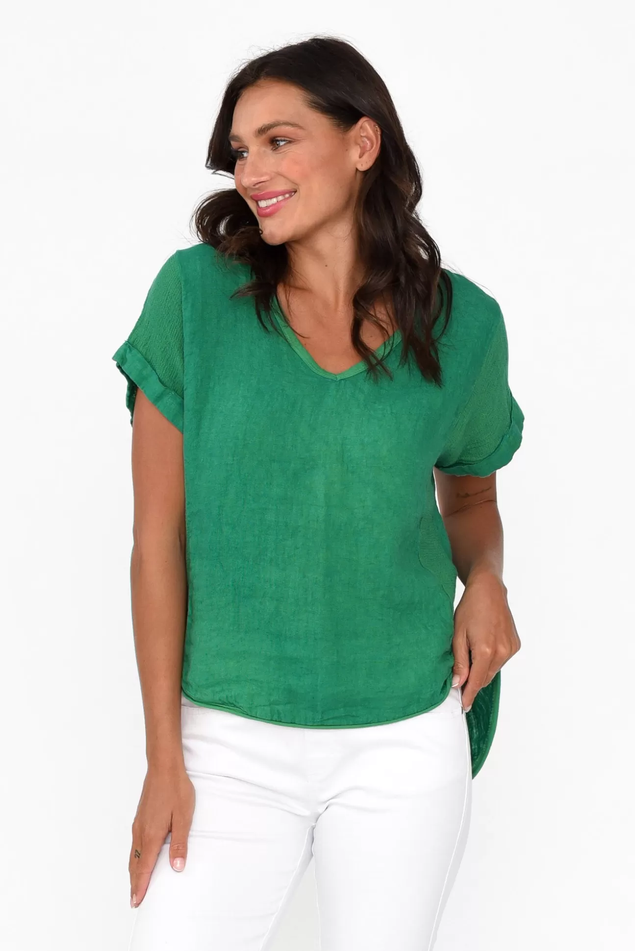 La Strada Dorian Green Linen Cotton Top Online