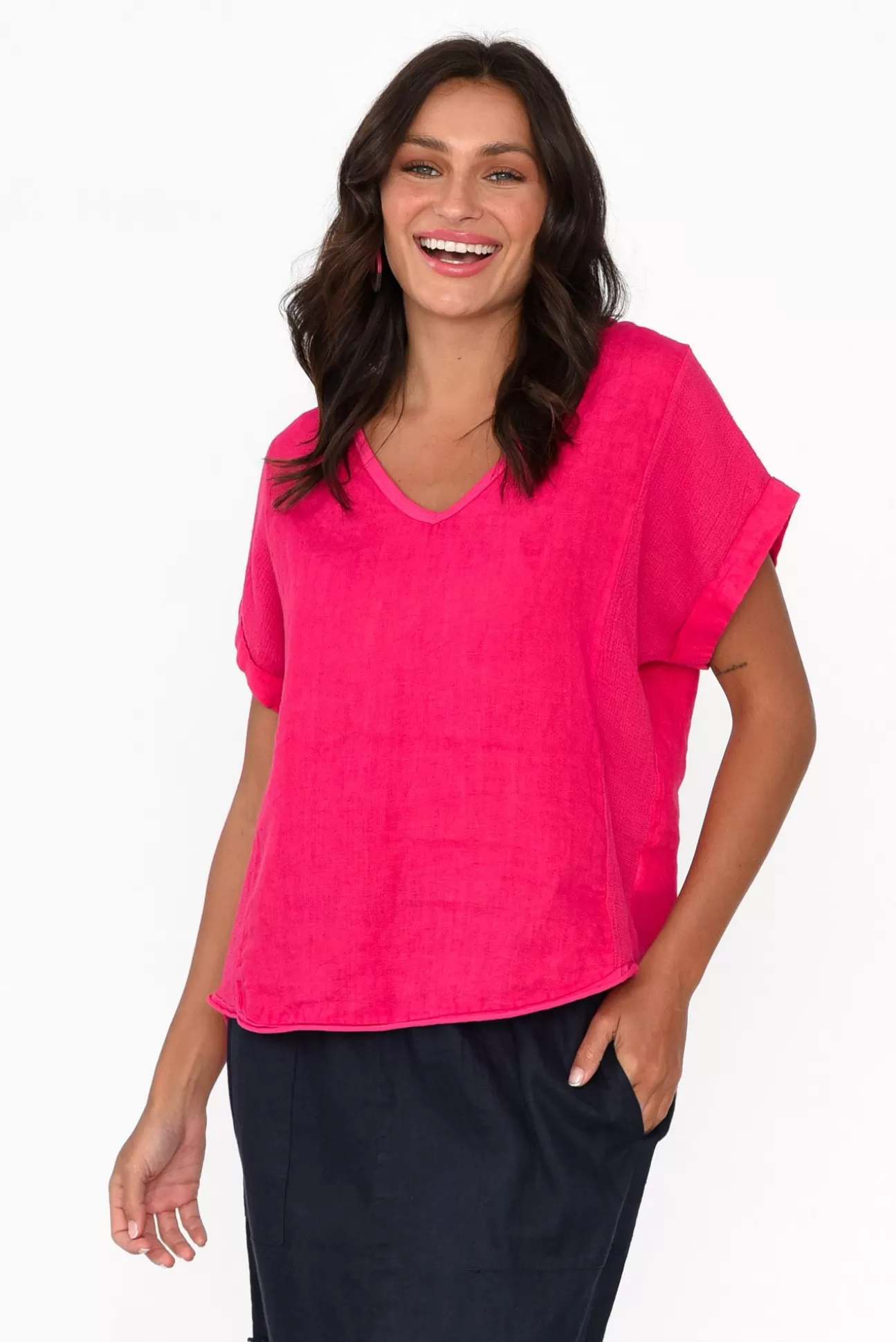 La Strada Dorian Hot Pink Linen Cotton Top Store