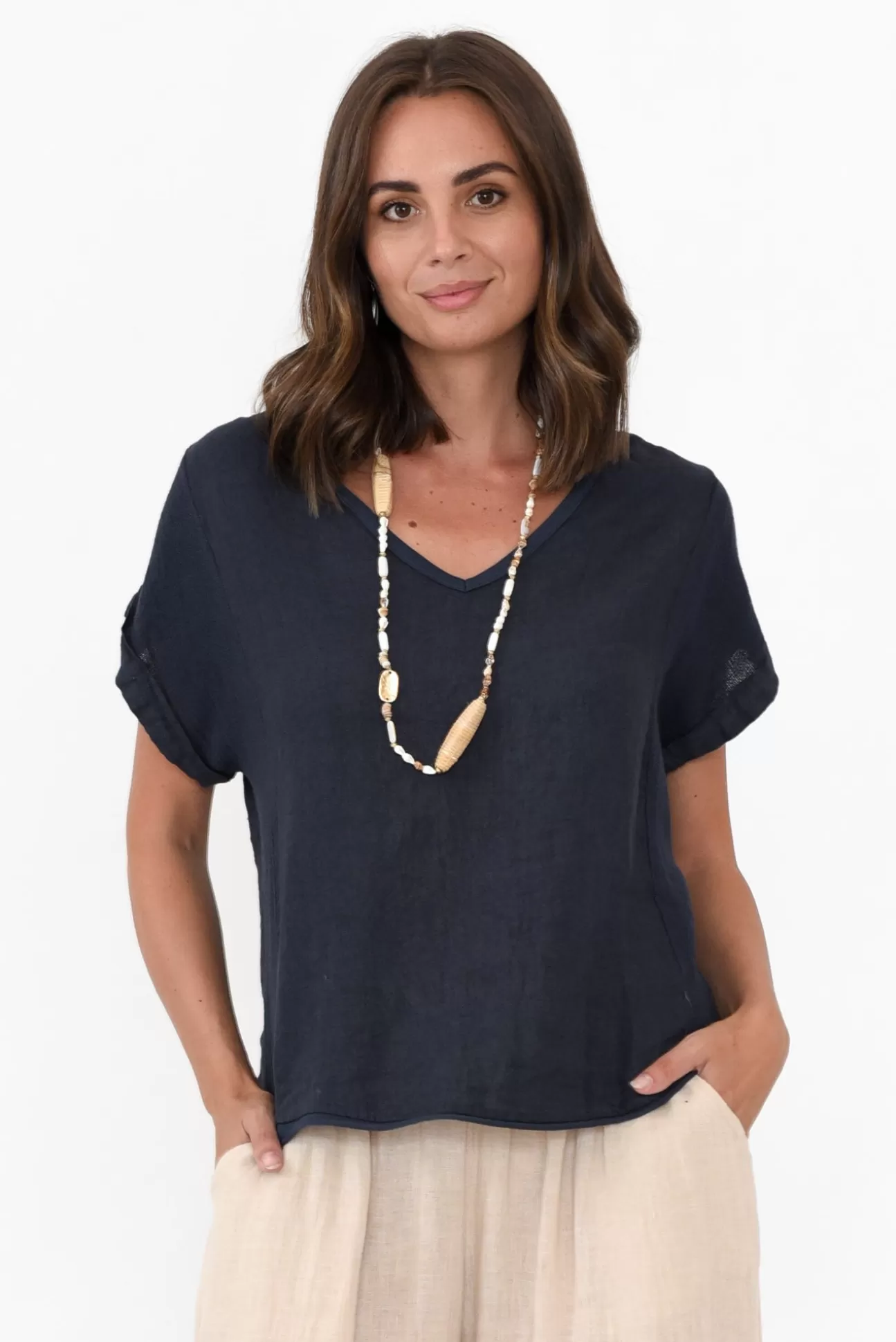 La Strada Dorian Navy Linen Cotton Top Flash Sale