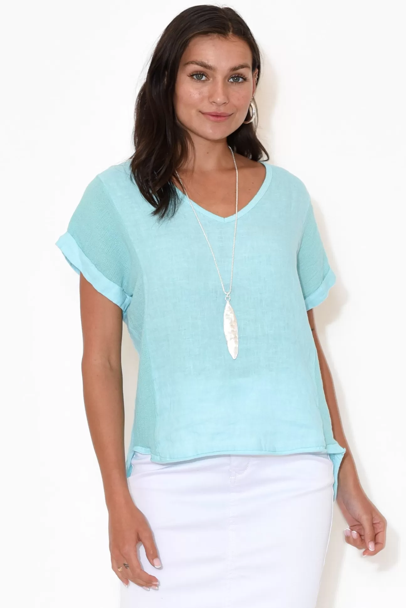 La Strada Dorian Turquoise Linen Cotton Top Sale