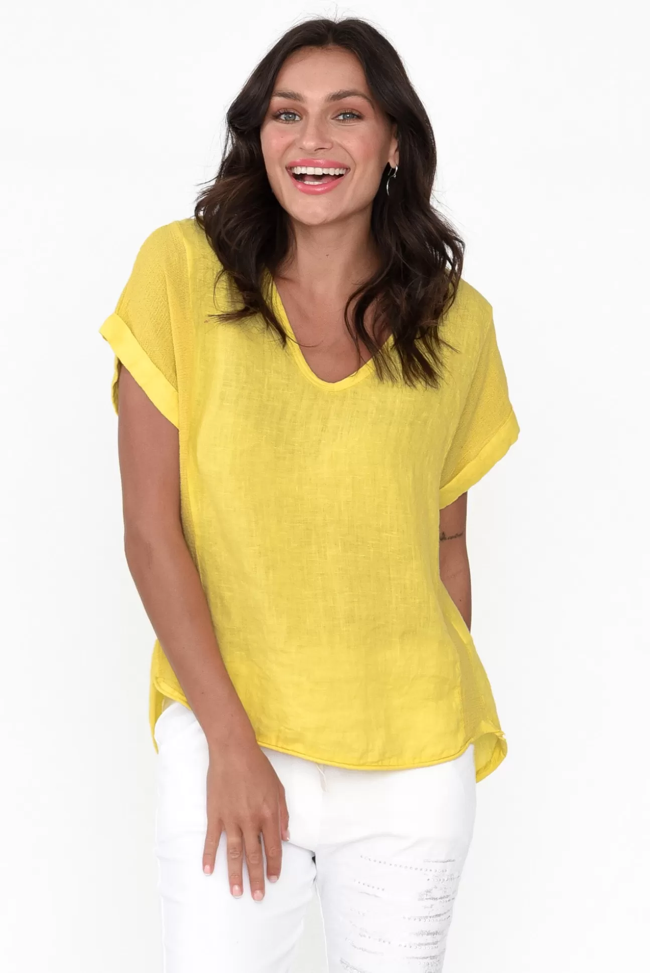 La Strada Dorian Yellow Linen Cotton Top Clearance