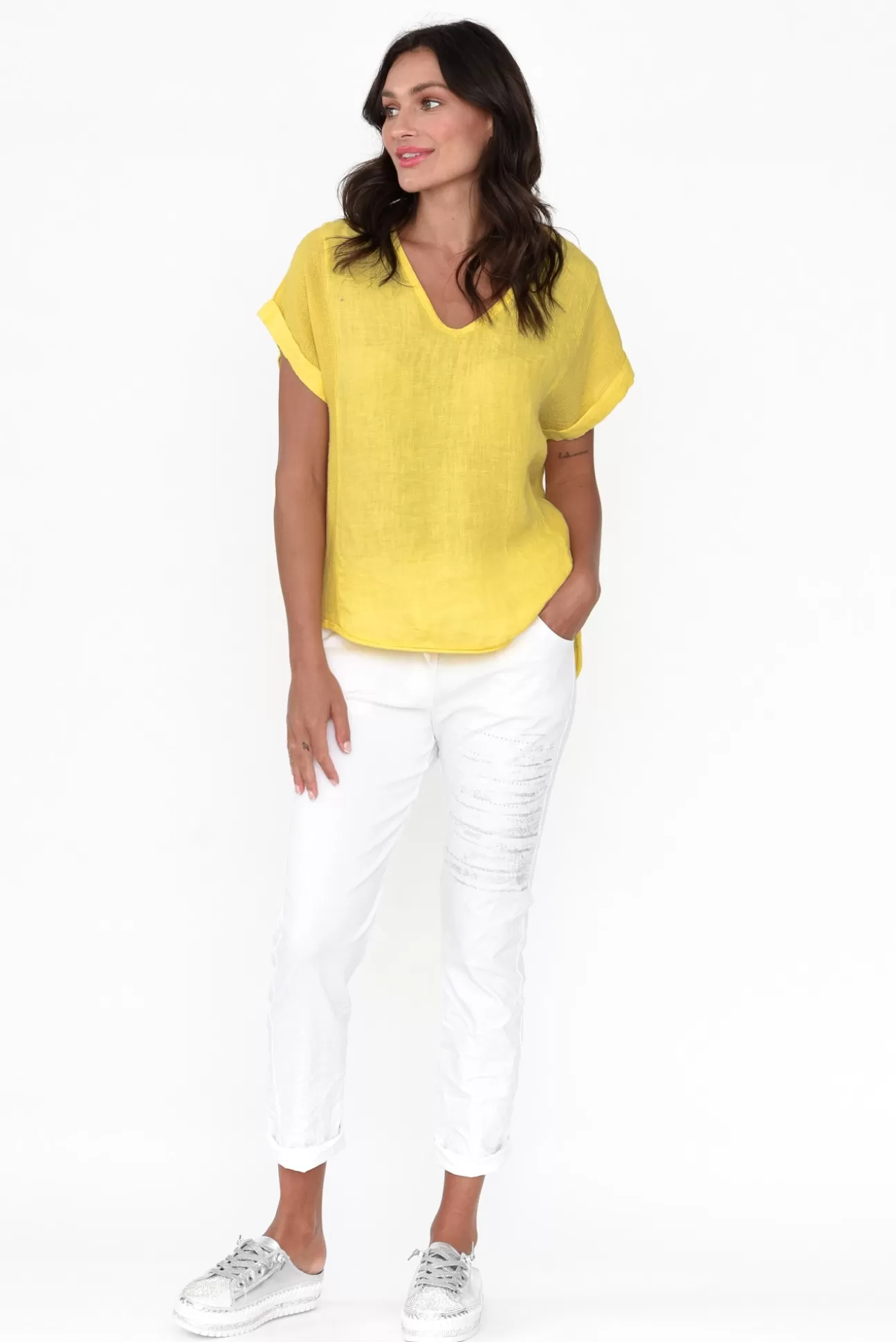 La Strada Dorian Yellow Linen Cotton Top Clearance