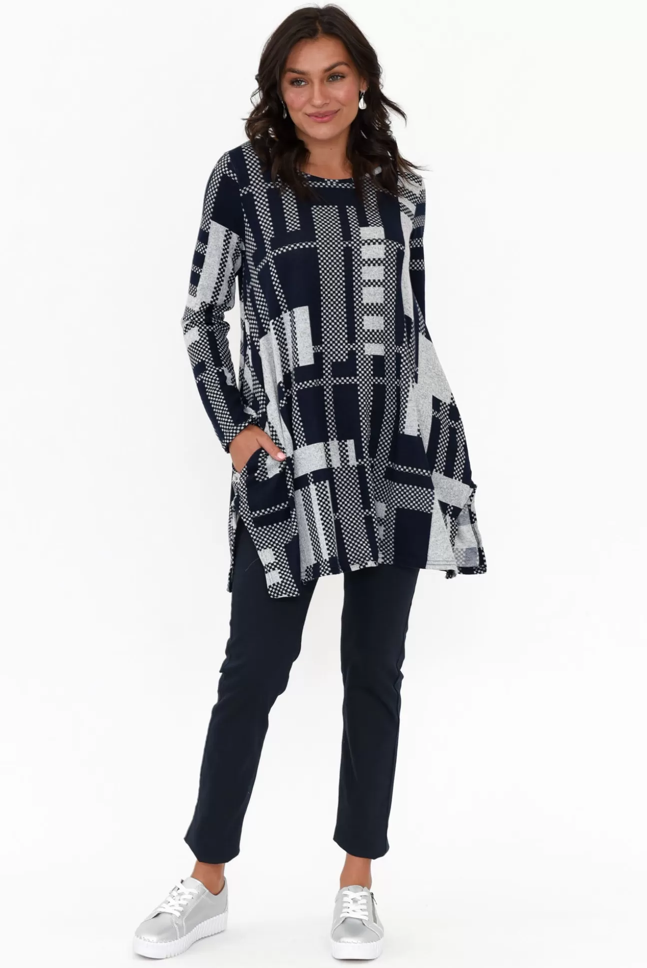 Hourglass Dylan Navy Check Knit Tunic Cheap