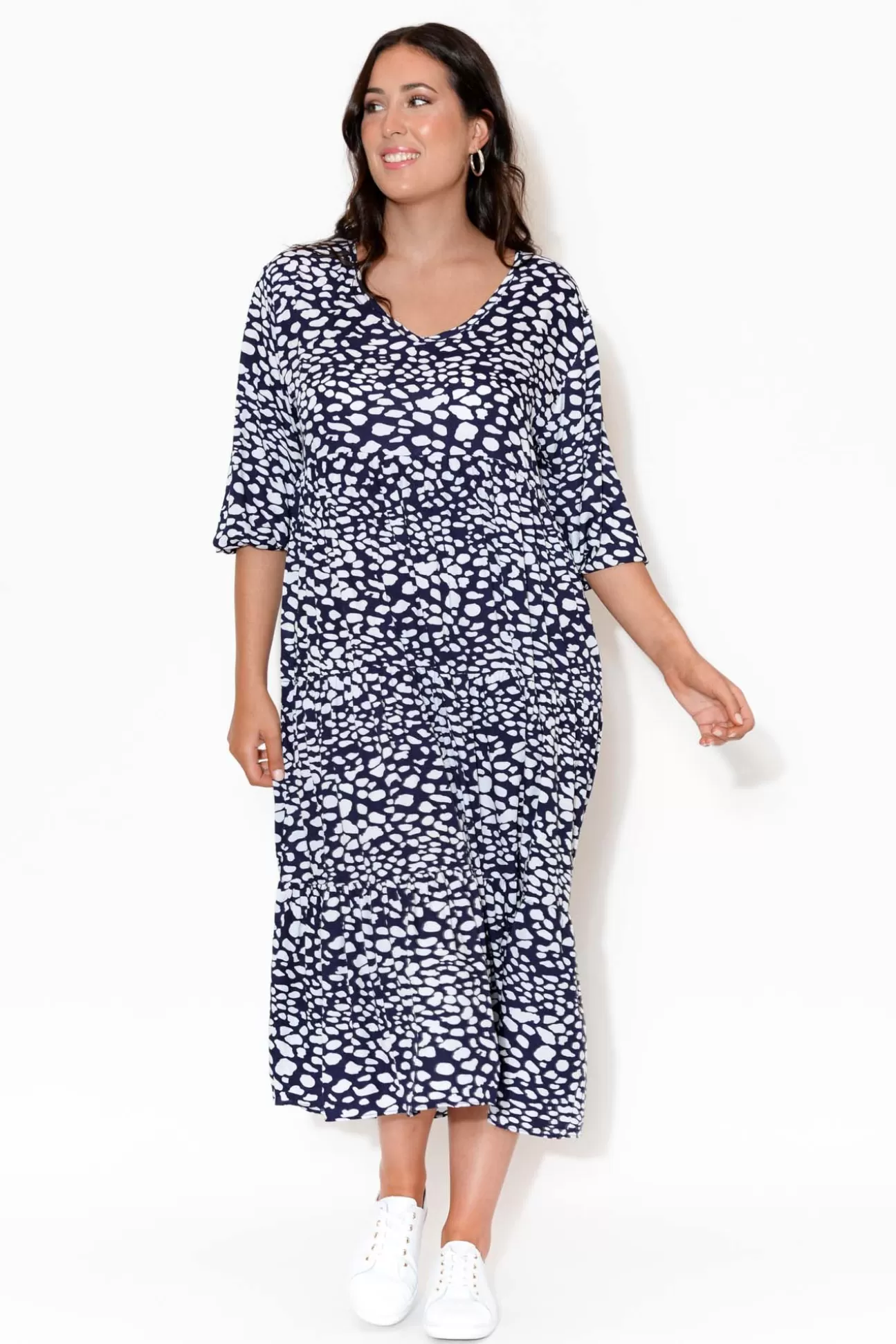 Red Lotus Eden Navy Spot Tiered Midi Dress New