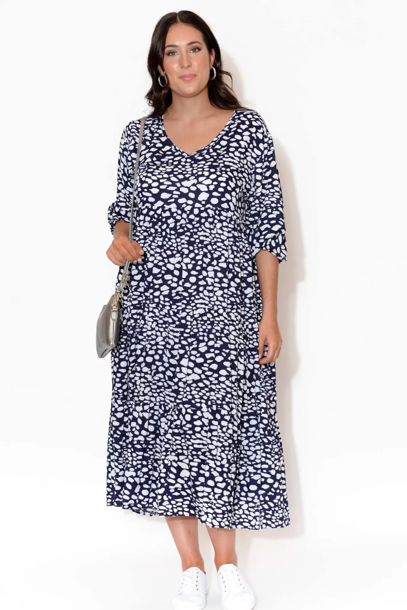 Red Lotus Eden Navy Spot Tiered Midi Dress New