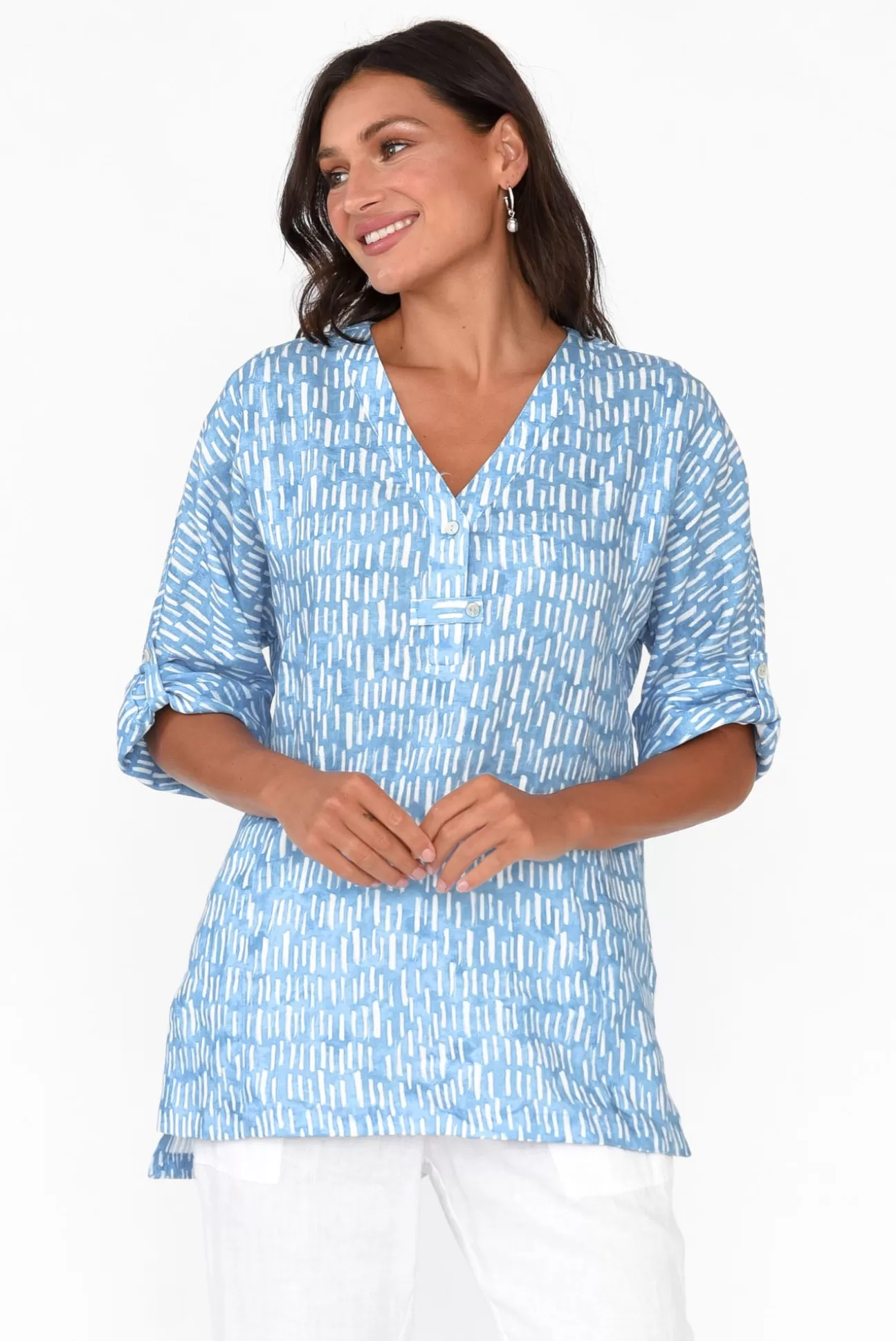 Foil Edith Blue Geo Linen Top Online