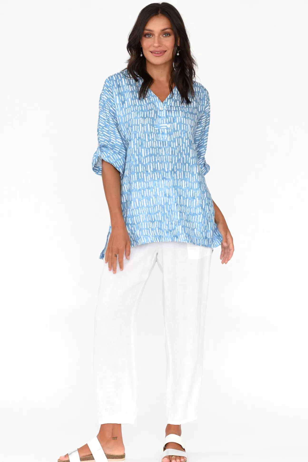 Foil Edith Blue Geo Linen Top Online