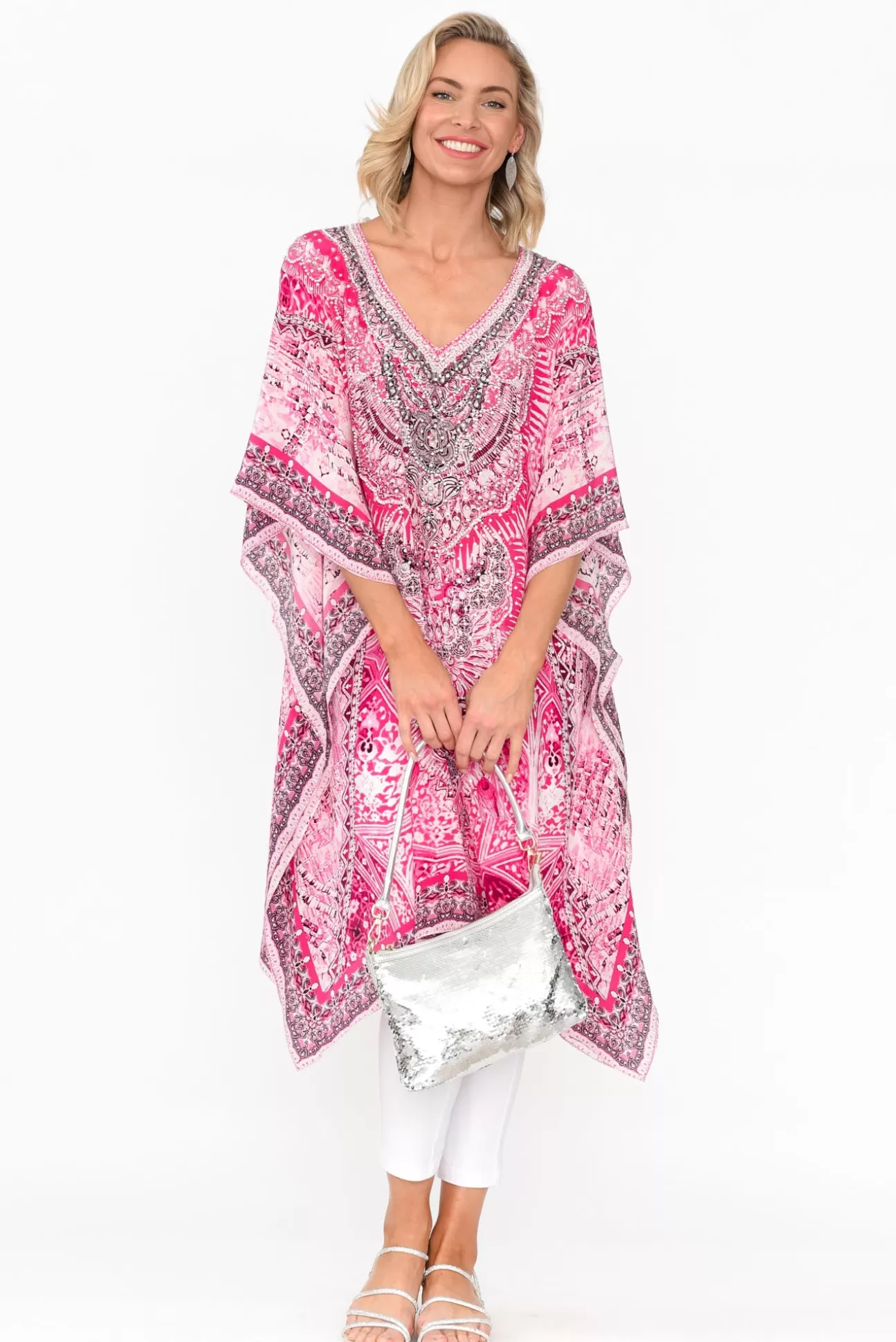 Fashion Spectrum Egyptian Hot Pink Silk Kaftan Best Sale