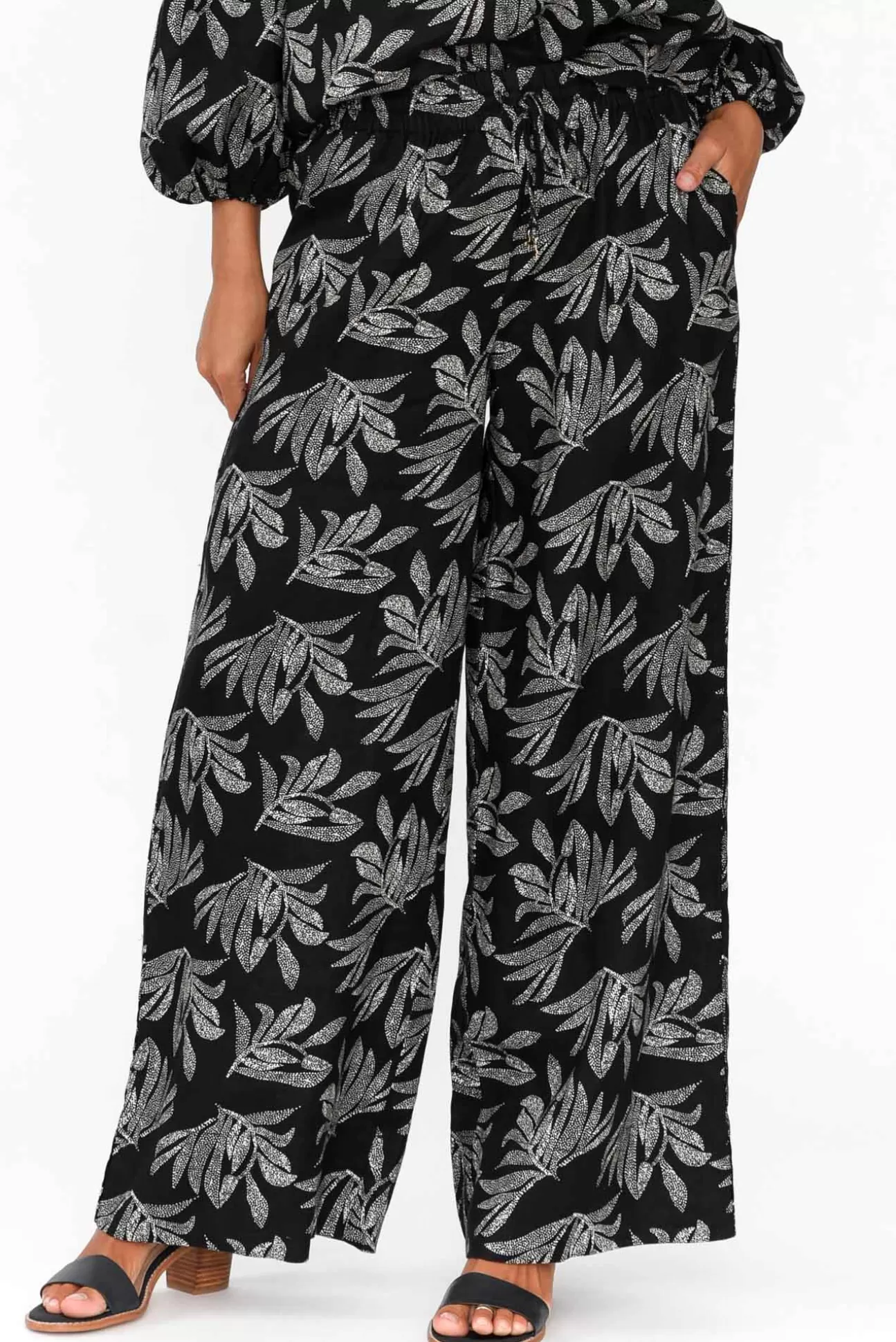 Stella Gemma Eleri Black Palm Linen Wide Leg Pant Hot