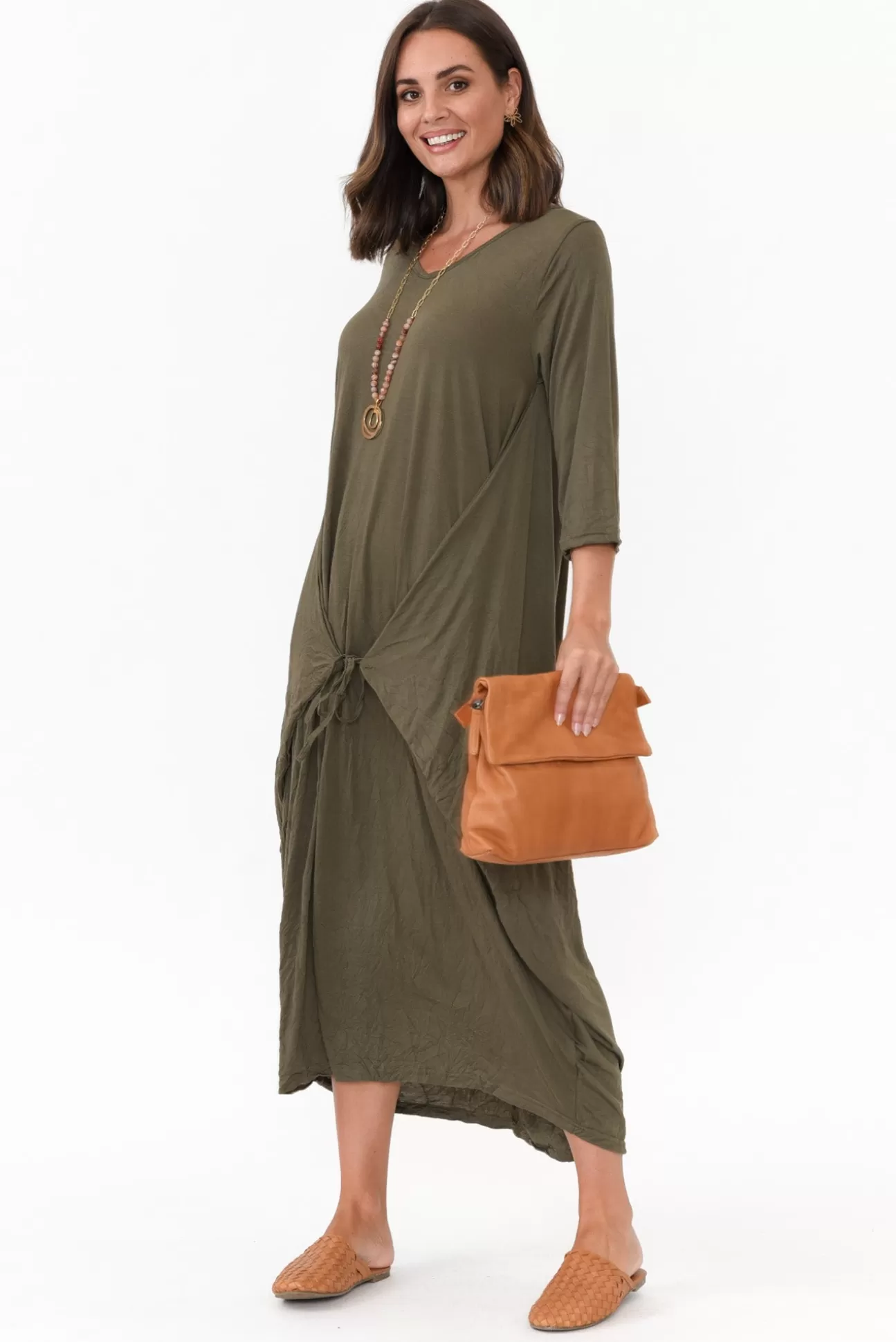 Cotton Village Ellis Khaki Crinkle Cotton Tie Dress Online