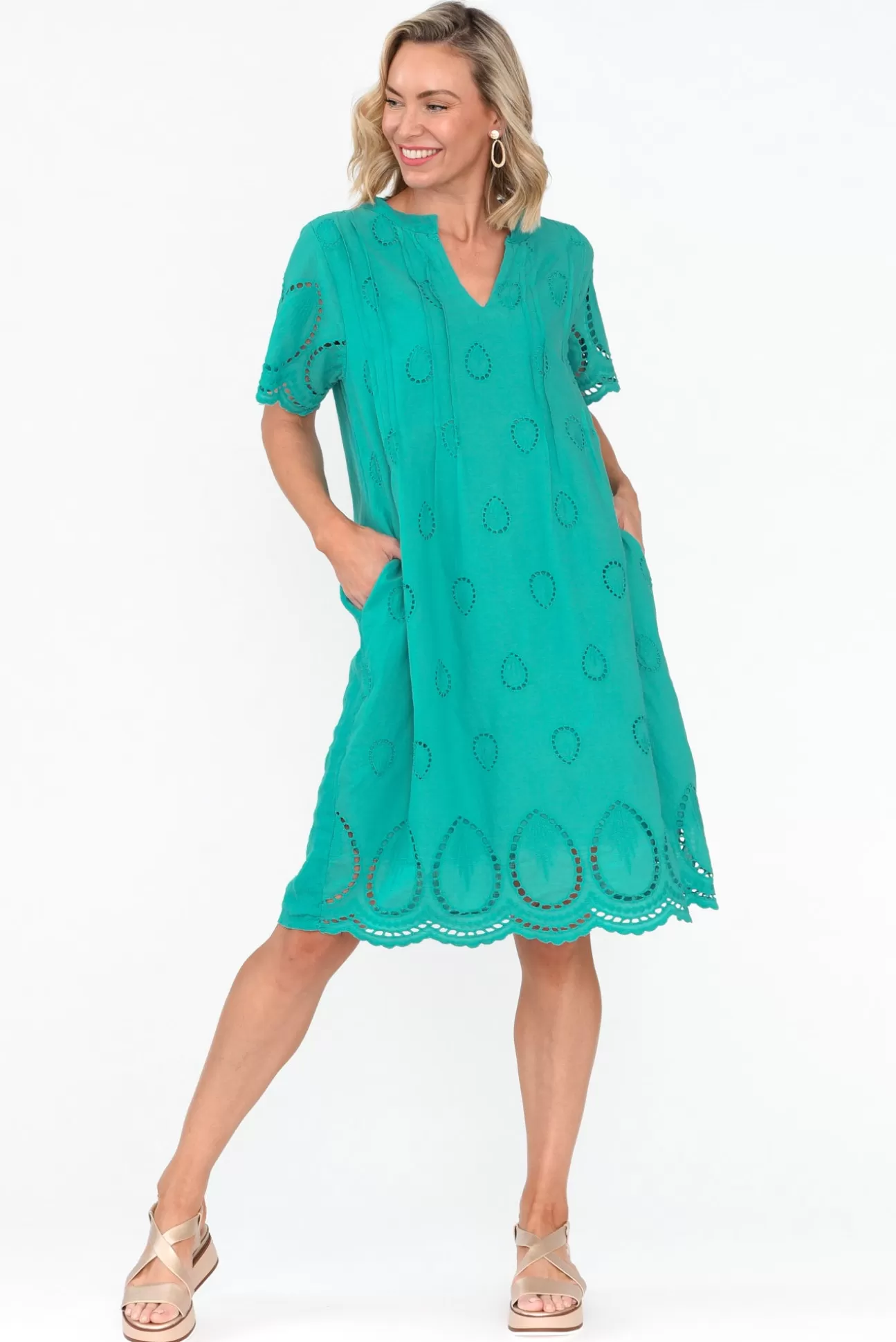 Fabuler Ellory Turquoise Linen Cotton Pocket Dress Flash Sale