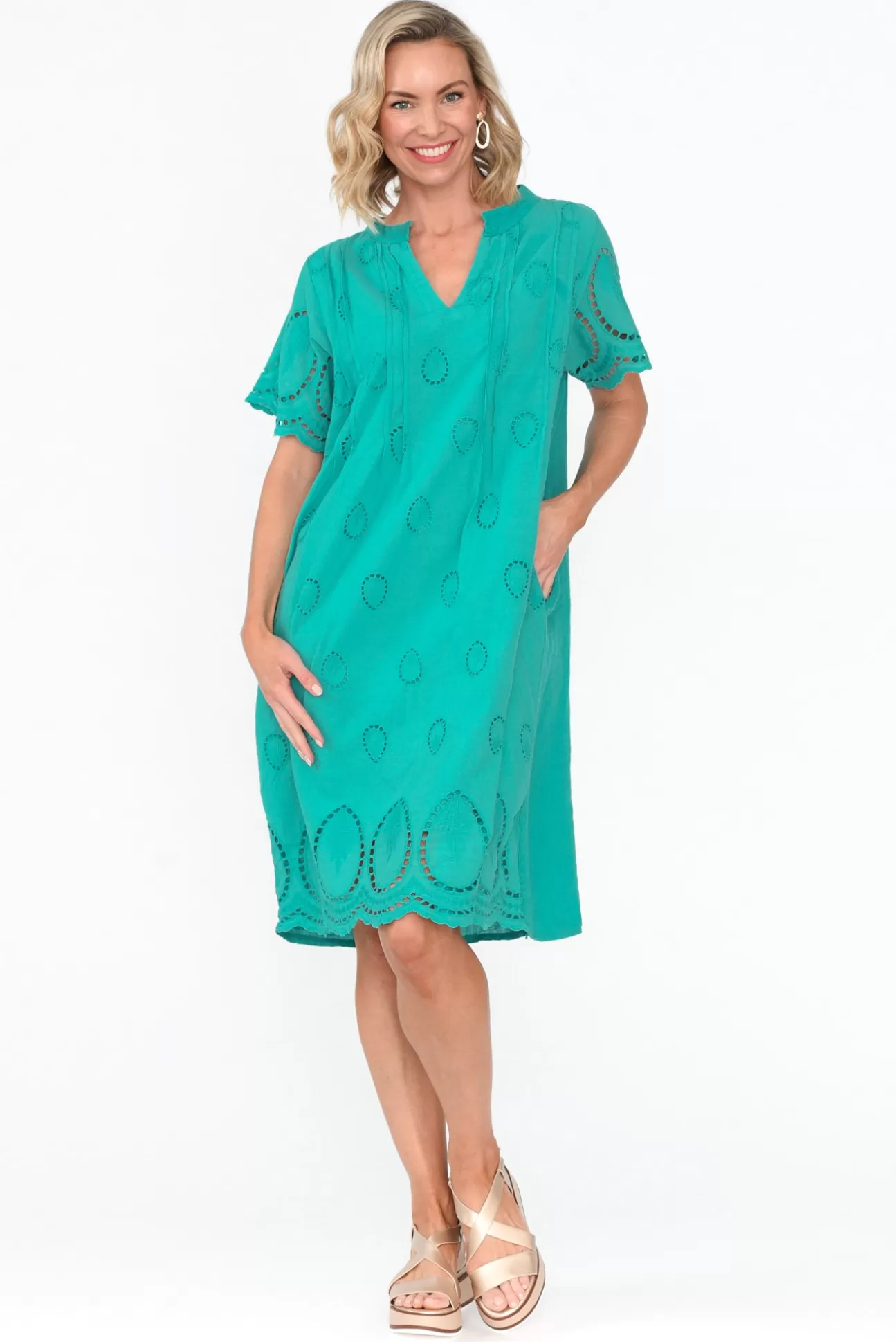 Fabuler Ellory Turquoise Linen Cotton Pocket Dress Flash Sale