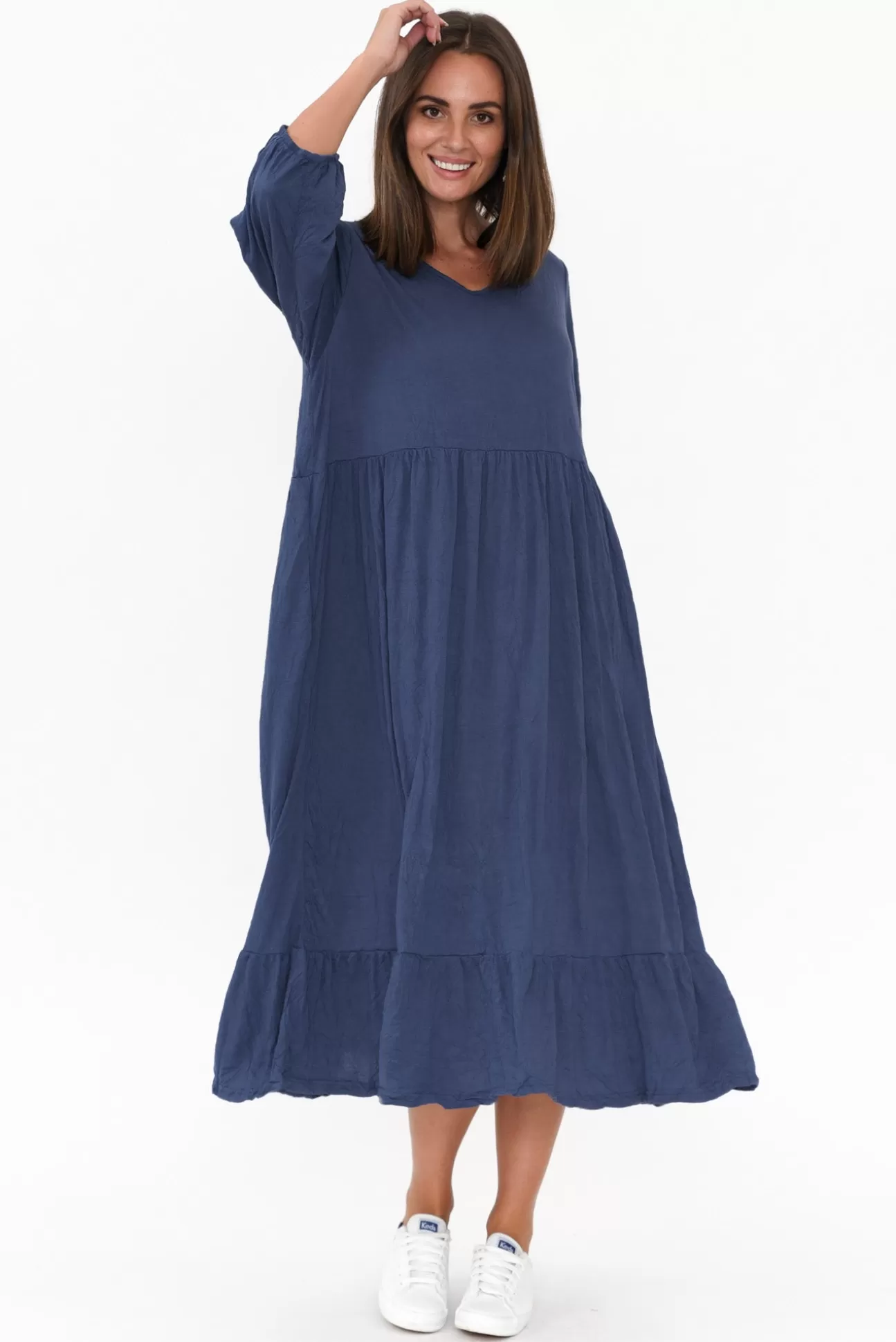 Cotton Village Elora Navy Crinkle Cotton Tiered Dress Sale