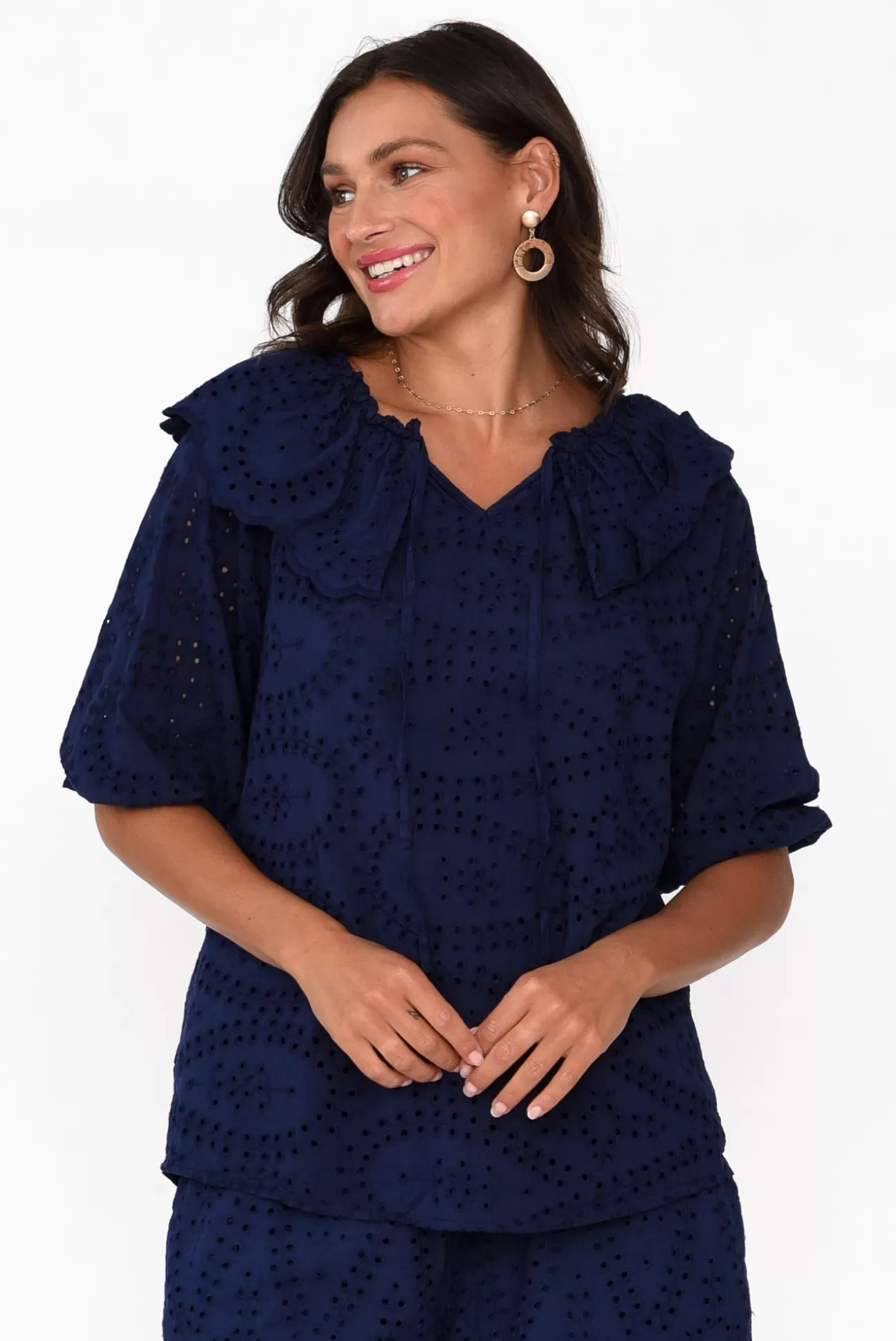 La Strada Elowen Navy Embroidered Cotton Top Shop