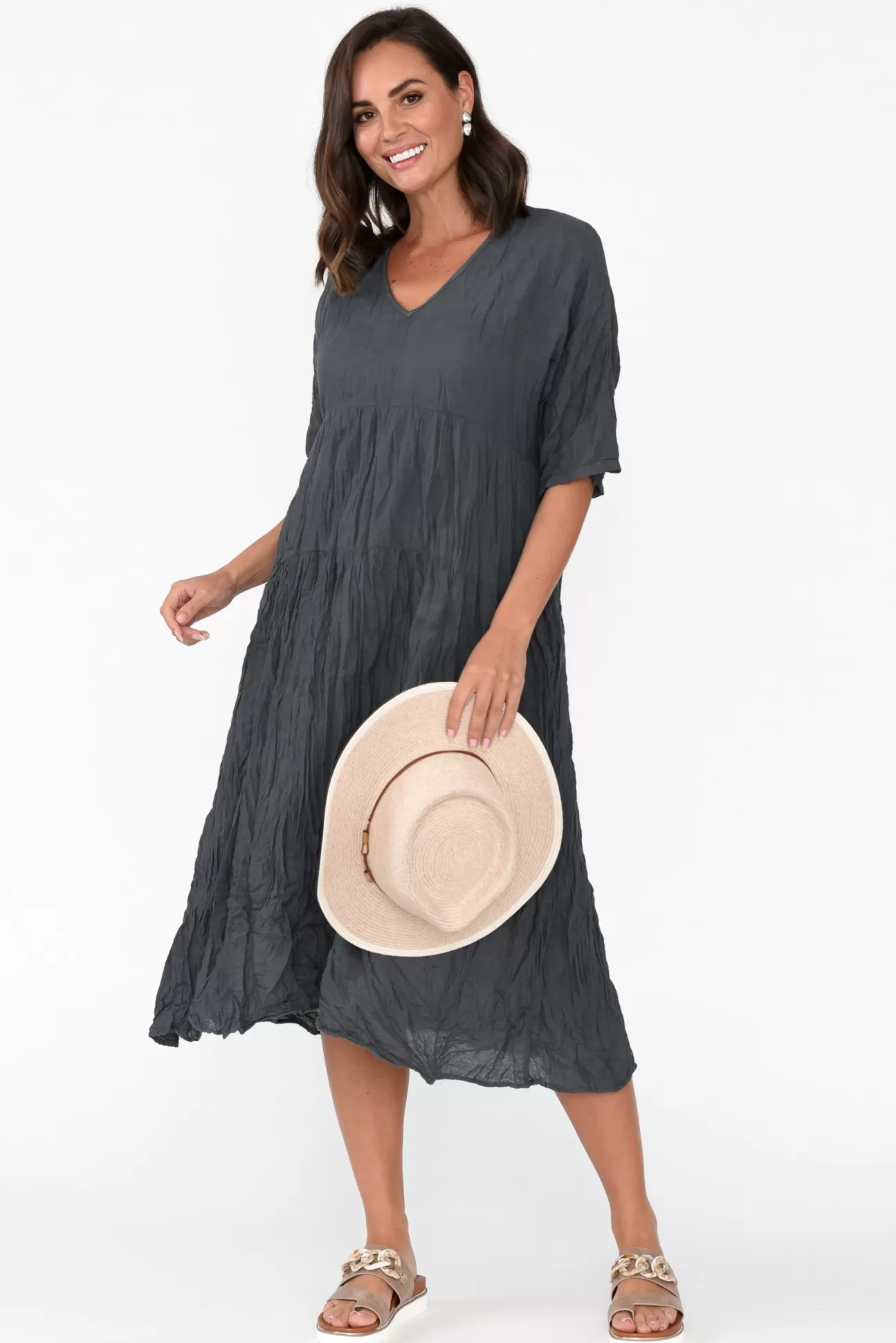 Namastai Embry Ash Grey Crinkle Cotton Dress Flash Sale