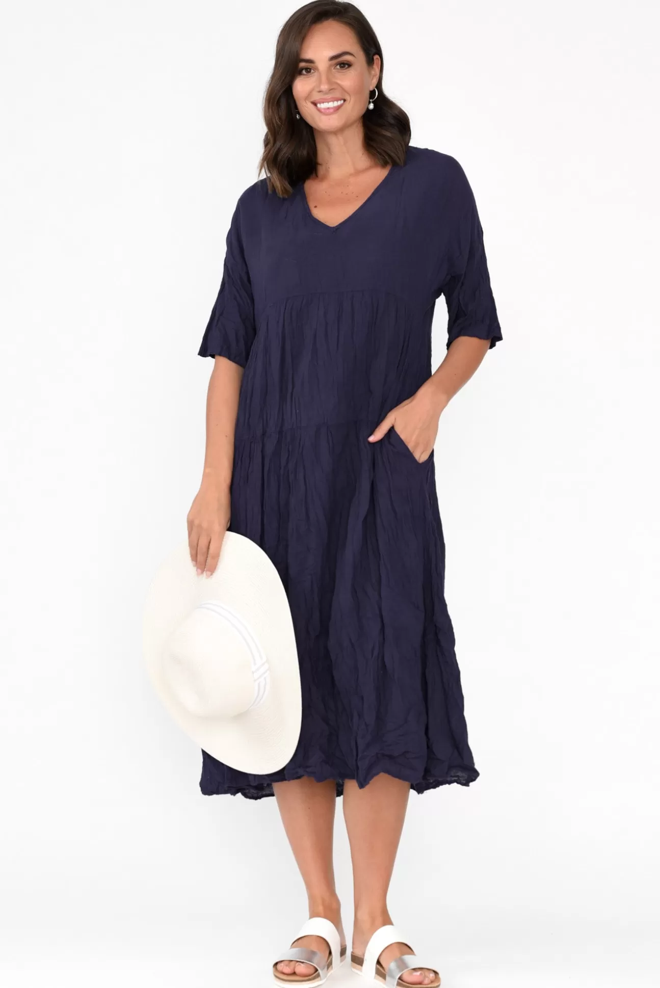 Namastai Embry Navy Crinkle Cotton Dress Best Sale