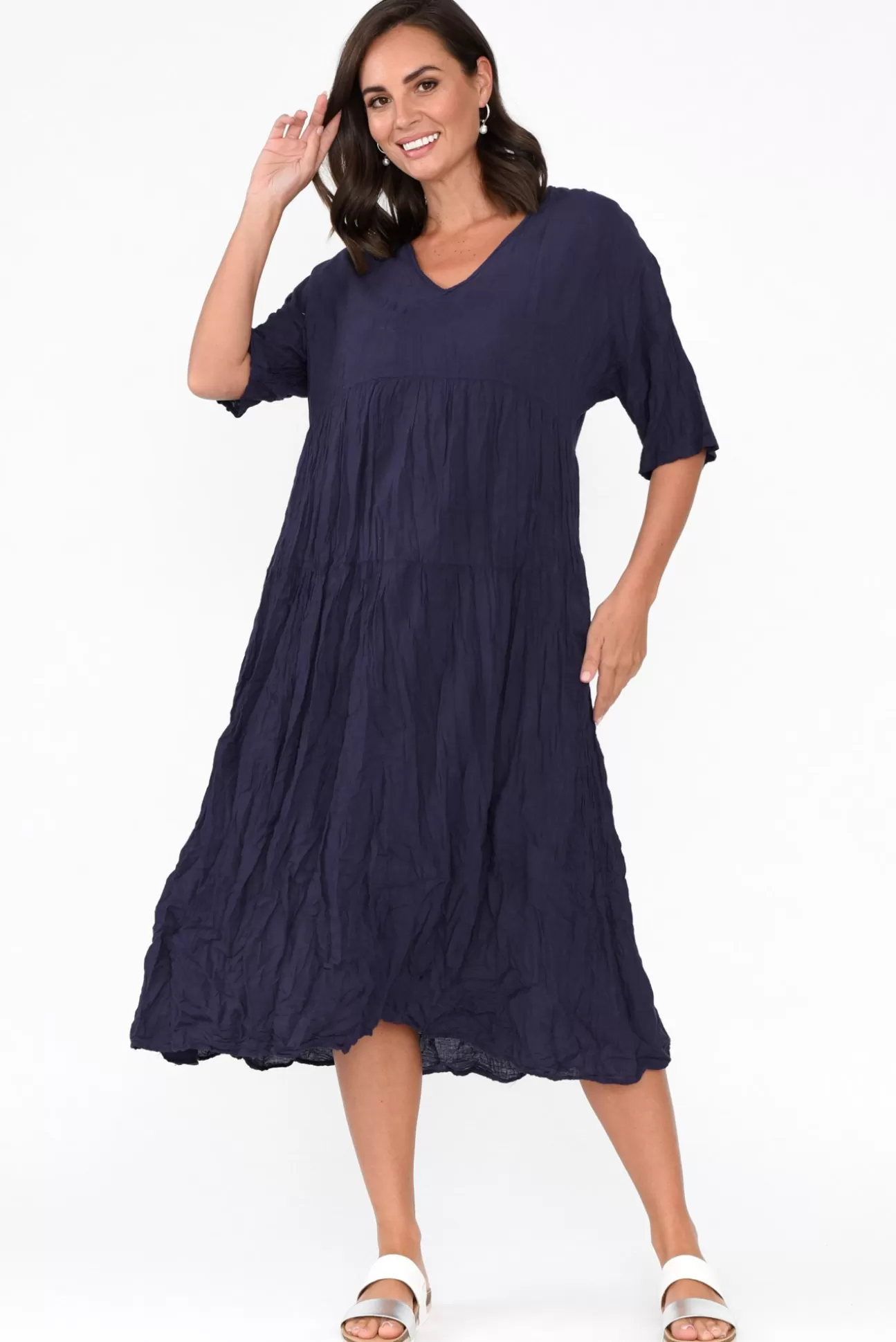 Namastai Embry Navy Crinkle Cotton Dress Best Sale