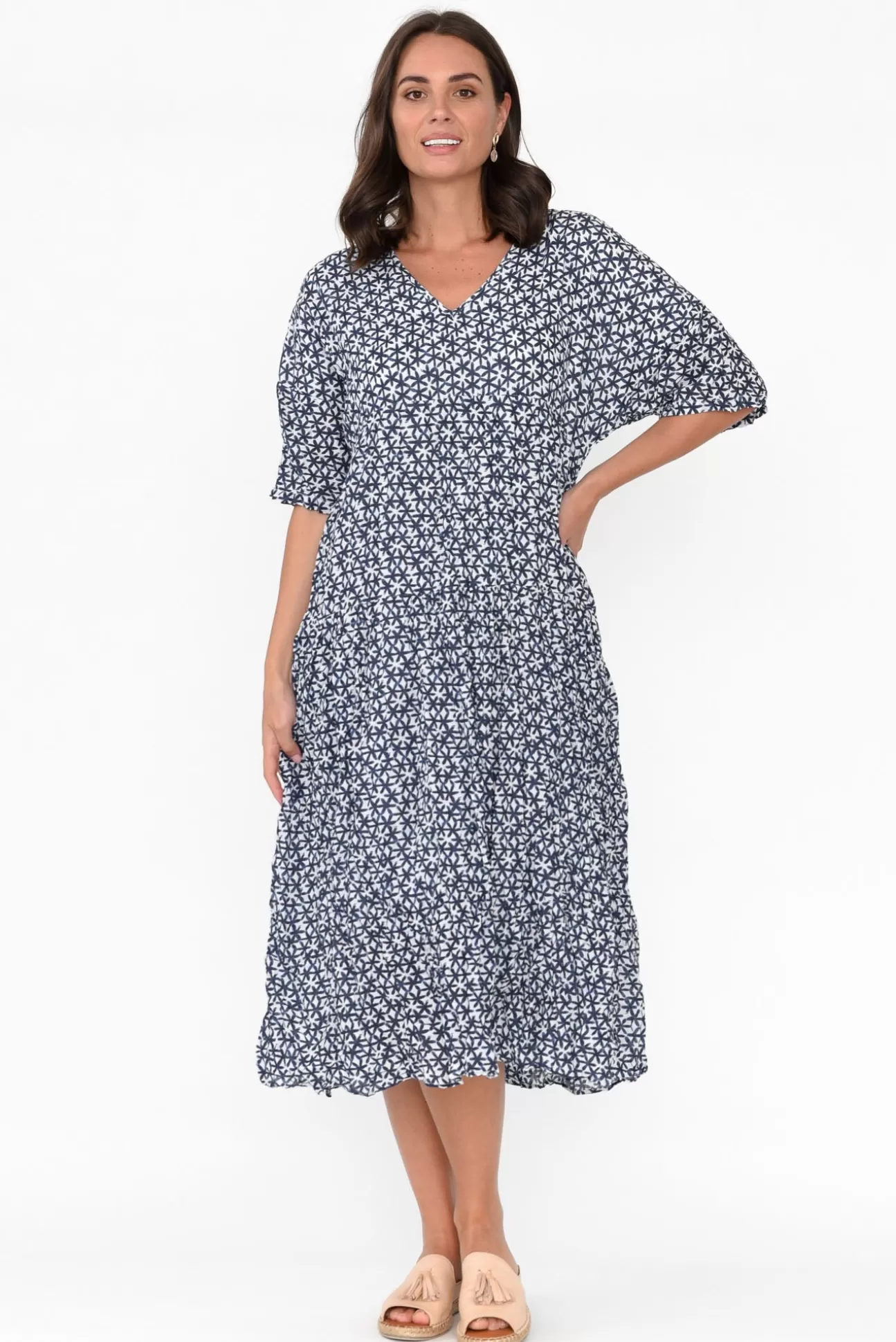 Namastai Embry Navy Flower Crinkle Cotton Dress Store