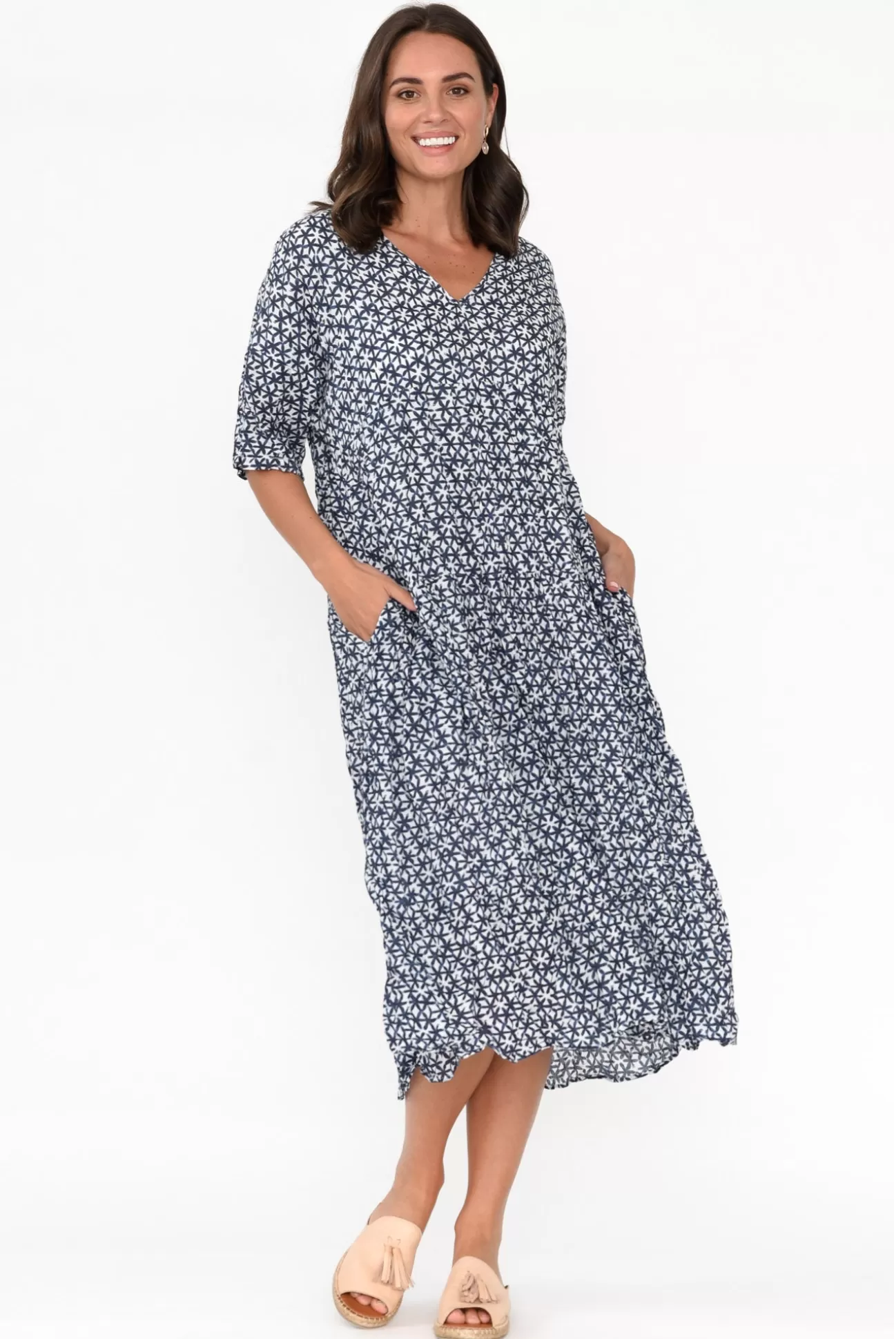 Namastai Embry Navy Flower Crinkle Cotton Dress Store