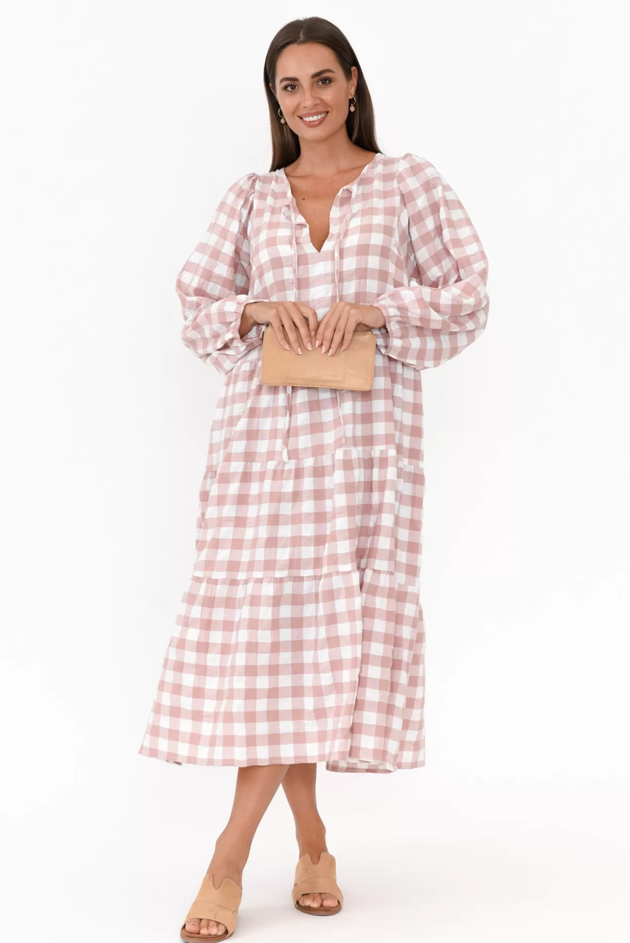 Cali and Co Emerson Pink Gingham Cotton Tier Dress Flash Sale