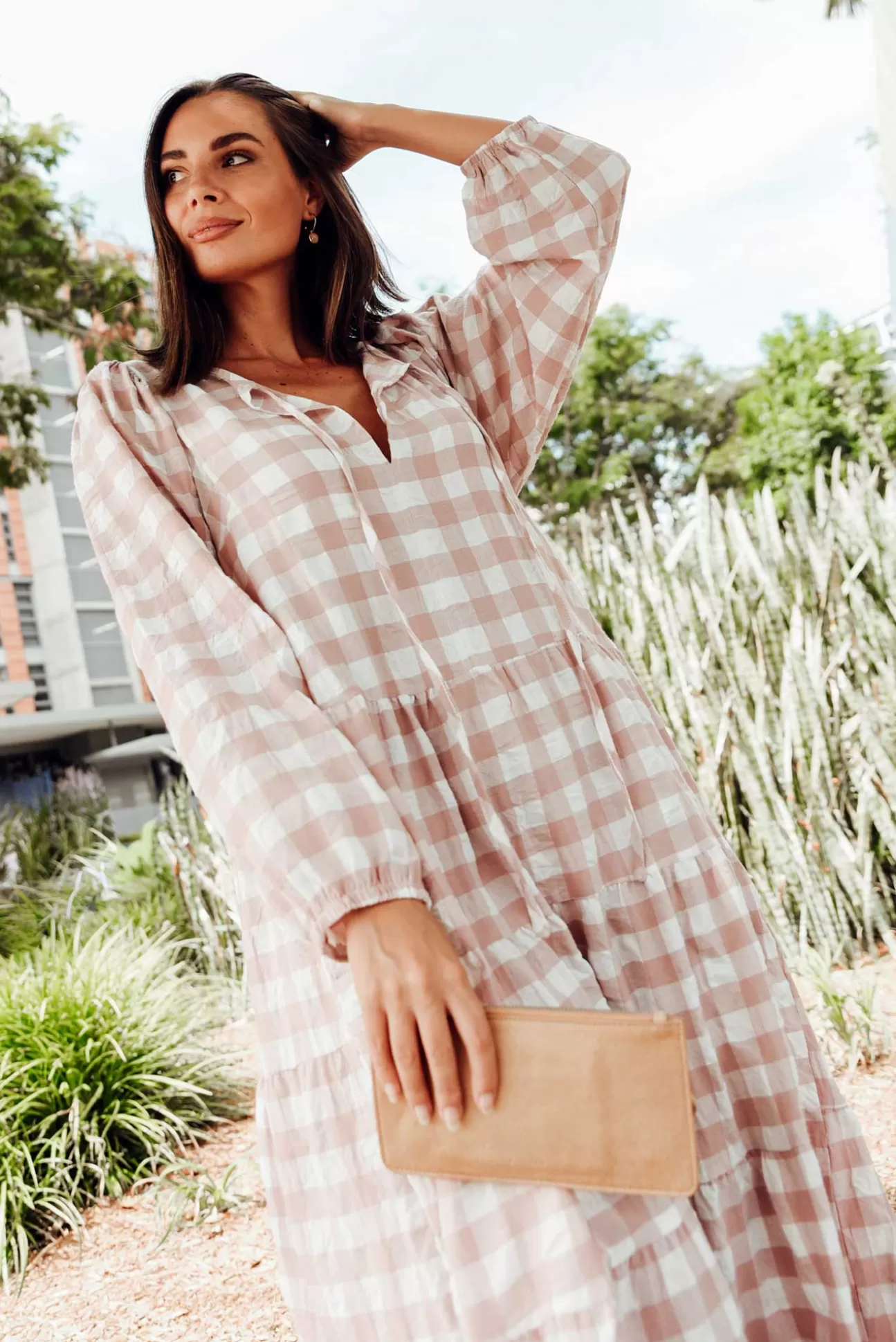 Cali and Co Emerson Pink Gingham Cotton Tier Dress Flash Sale