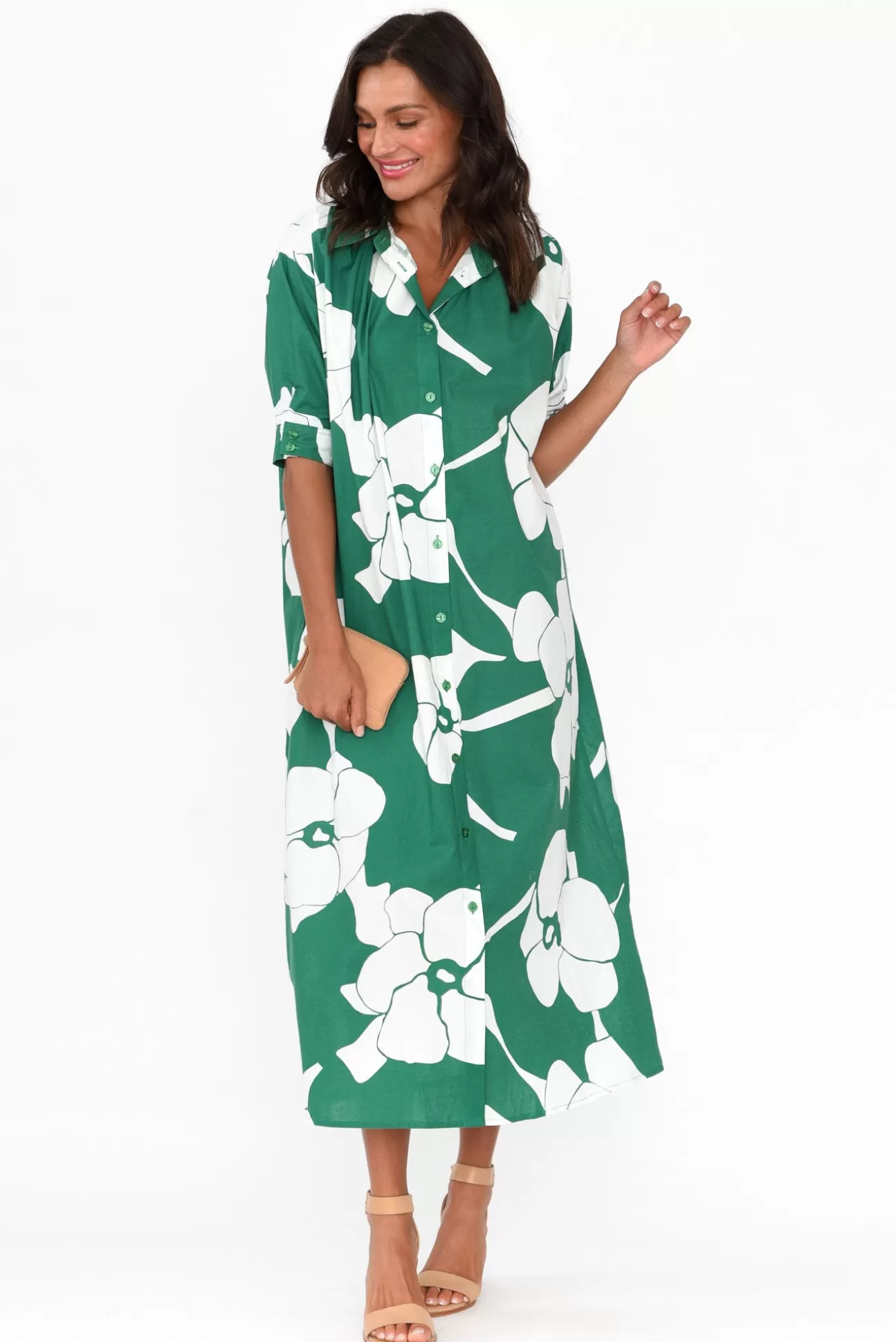 Label Of Love Emmeline Green Flower Cotton Shirt Dress Flash Sale