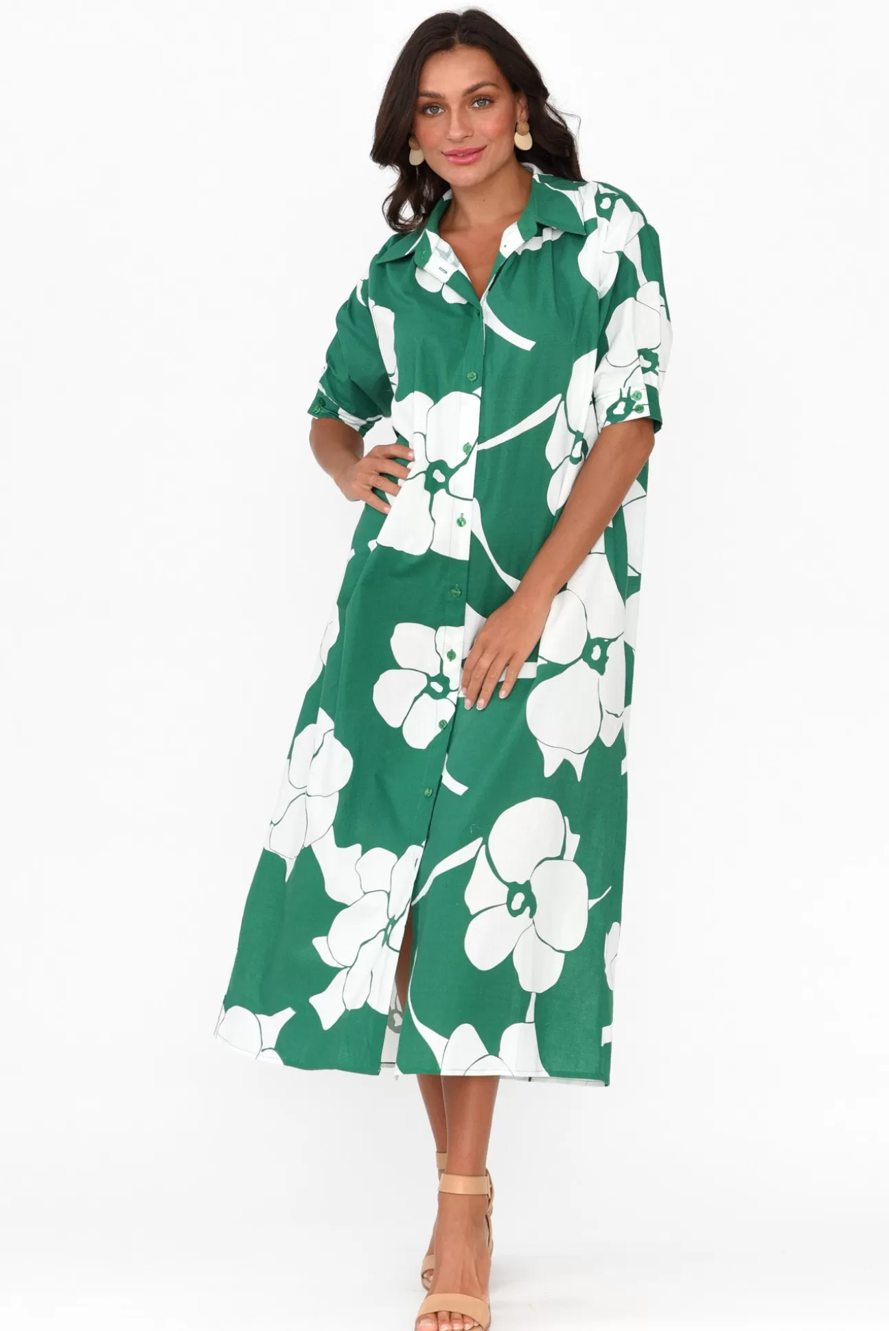 Label Of Love Emmeline Green Flower Cotton Shirt Dress Flash Sale