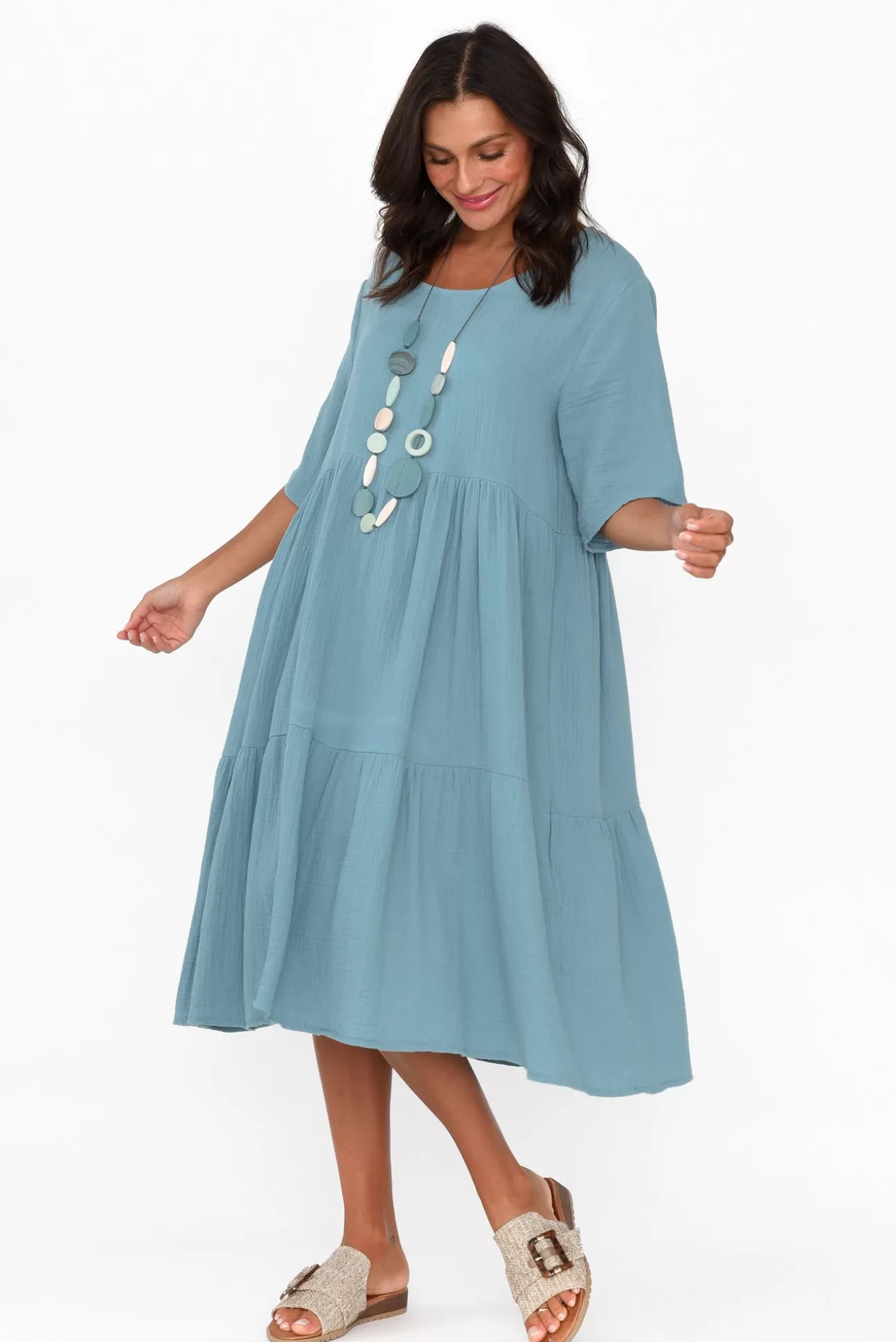 La Mode Esmerelda Blue Cotton Tier Dress Best Sale