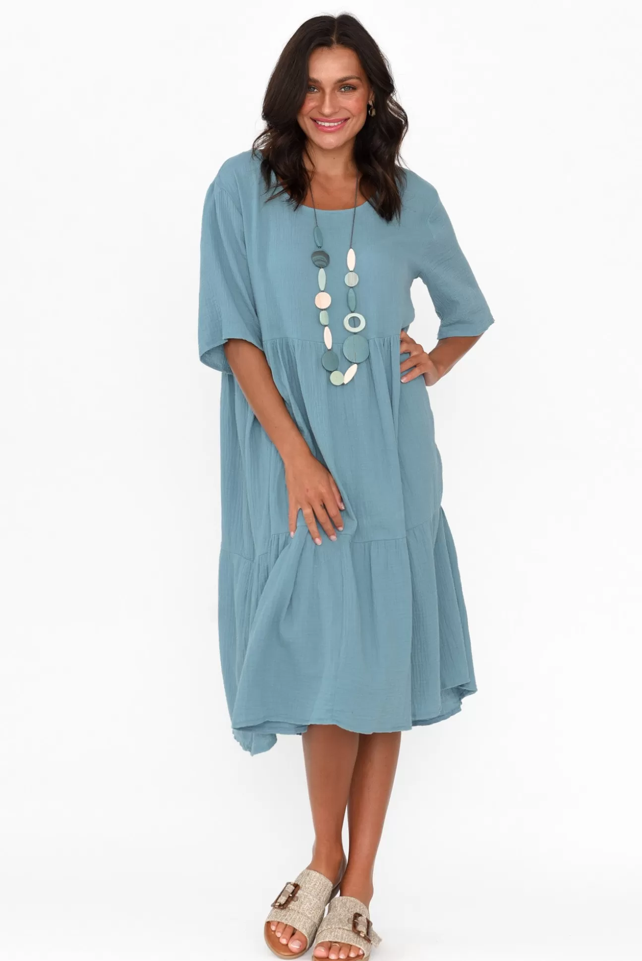 La Mode Esmerelda Blue Cotton Tier Dress Best Sale